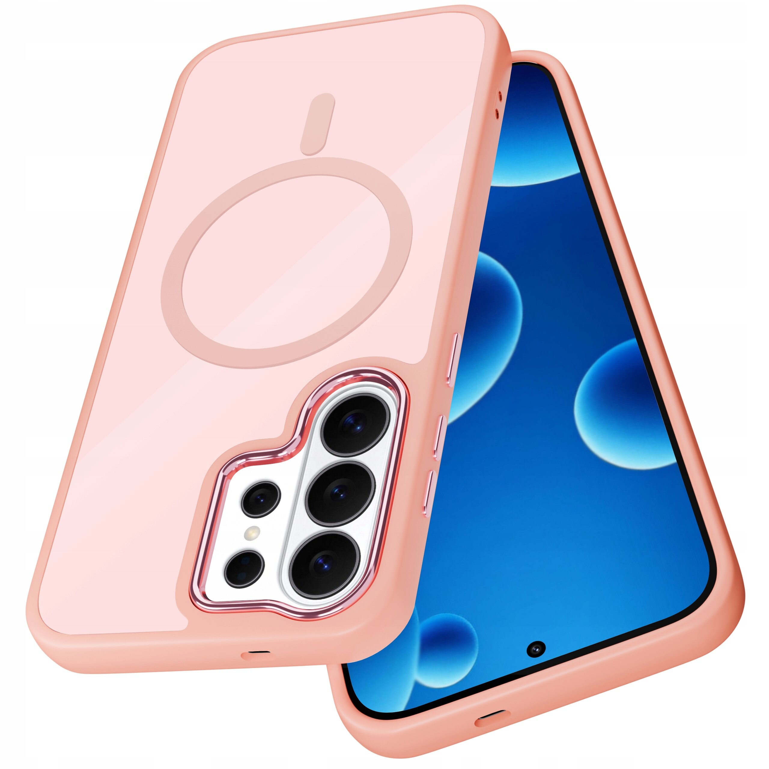 Obraz przedstawia różowe etui na telefon z okrągłym wzorem na tylnej części, przeznaczone na model z trzema aparatami. Obok etui widoczny jest telefon z niebieskim ekranem.