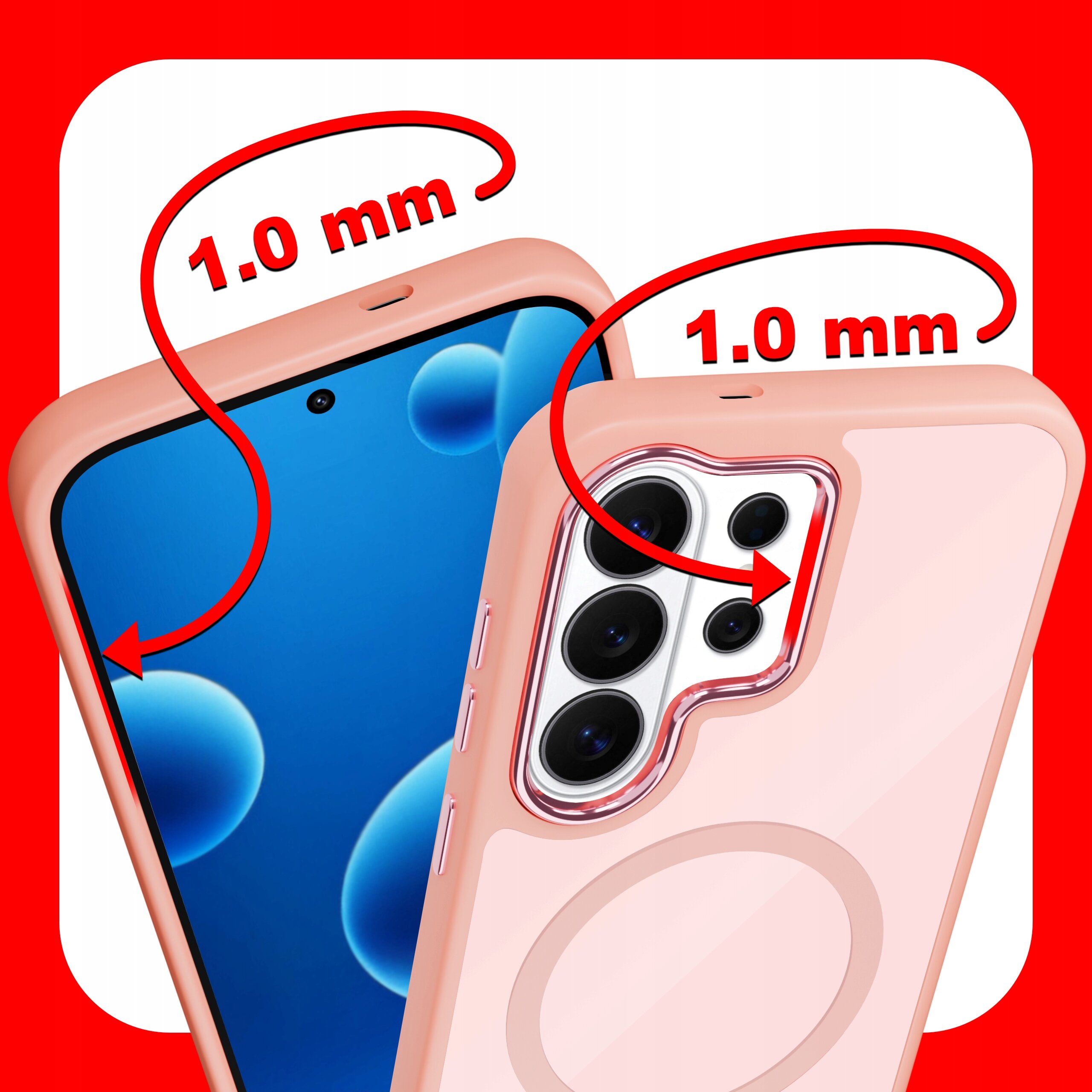 Obraz przedstawia różowe etui na telefon z widocznymi wycięciami na aparat i ekran. Na etui znajdują się oznaczenia \'1.0 mm\' wskazujące na grubość krawędzi.