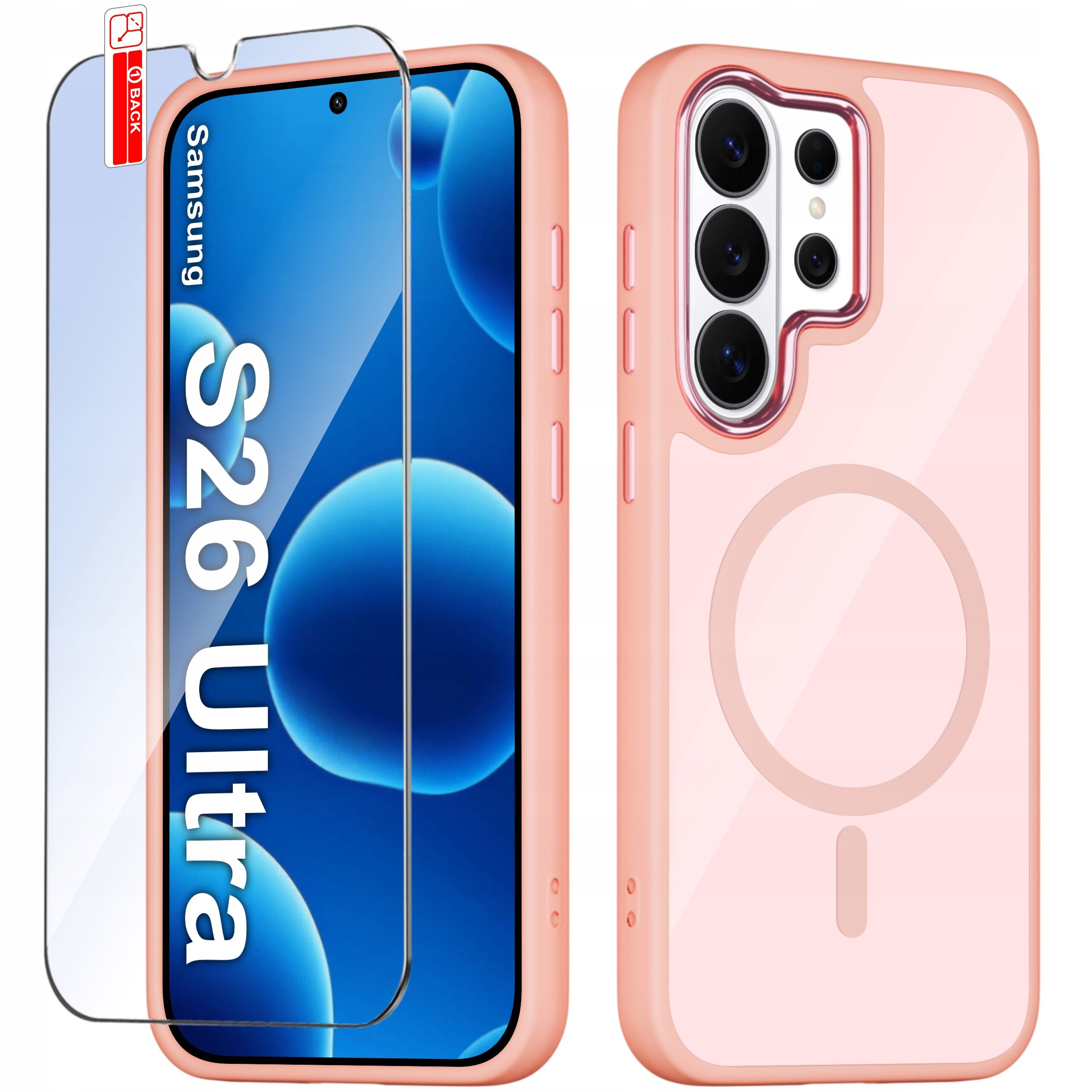 Obraz przedstawia różowe etui na telefon z trzema dużymi otworami na aparaty oraz szkło ochronne z napisem \'Samsung S26 Ultra\'. Etui ma okrągły wzór sugerujący kompatybilność z magnetycznym ładowaniem.