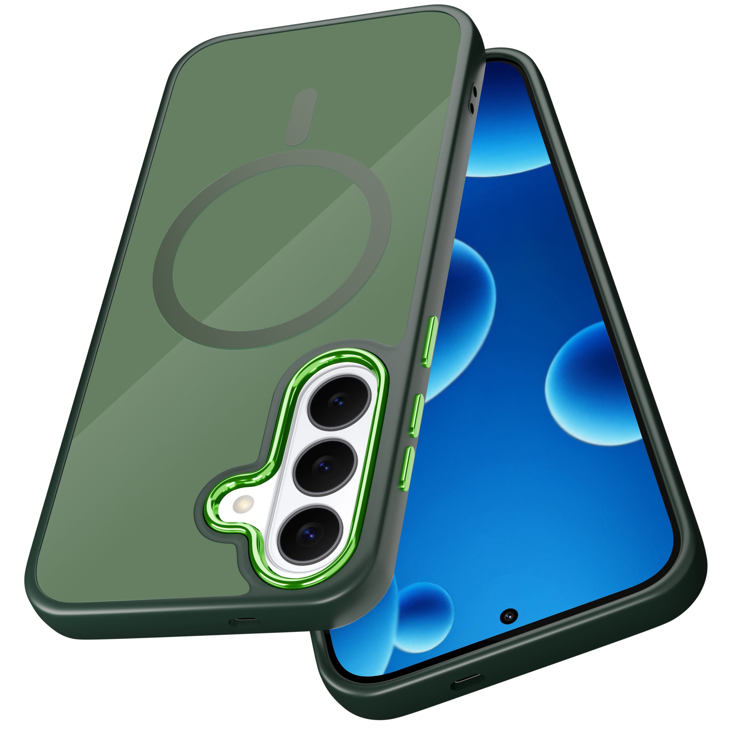 Obraz przedstawia zielone etui na telefon z trzema wycięciami na aparaty i okrągłym wzorem na tylnej części. Obok etui widoczny jest telefon z niebieskim ekranem i czarnym otworem na kamerę przednią.