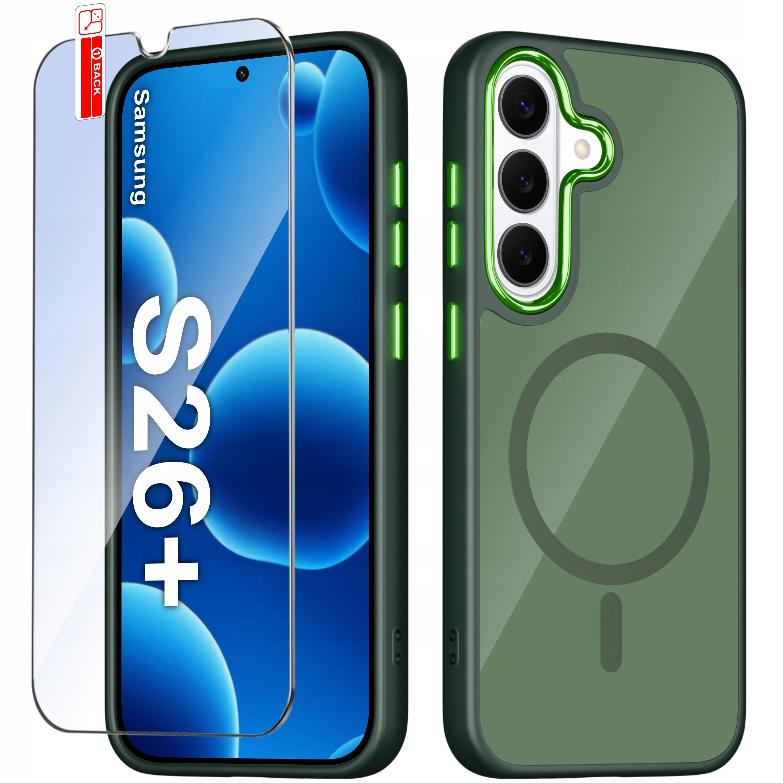 Obraz przedstawia zielone etui do telefonu z trzema otworami na aparat oraz szkło ochronne z napisem \'Samsung S26+\'.
