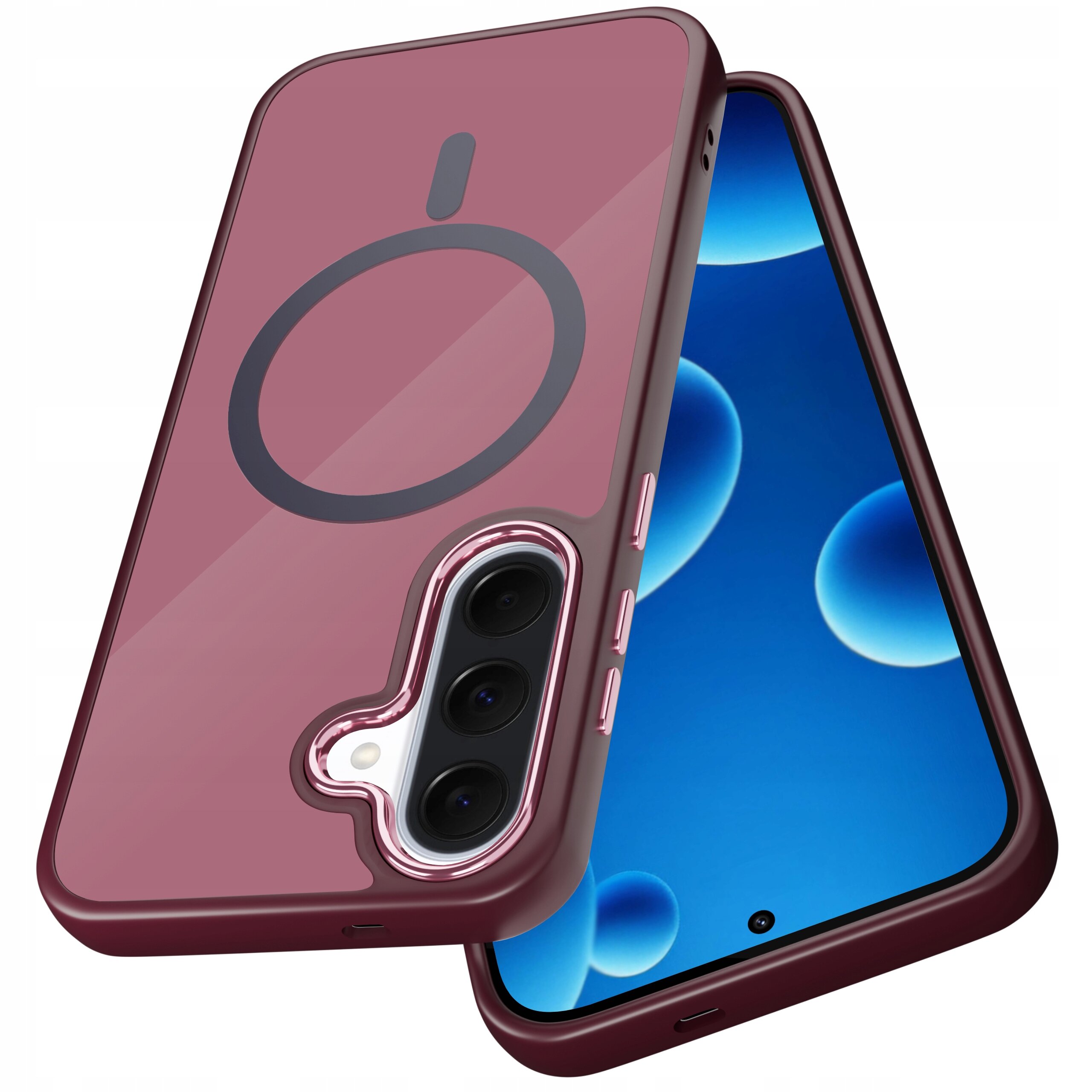 Obraz przedstawia matowe, magnetyczne etui w kolorze bordowym z okrągłym wzorem, przeznaczone do telefonu Samsung A57 5G. Etui posiada wycięcia na trzy obiektywy aparatu oraz przyciski boczne.