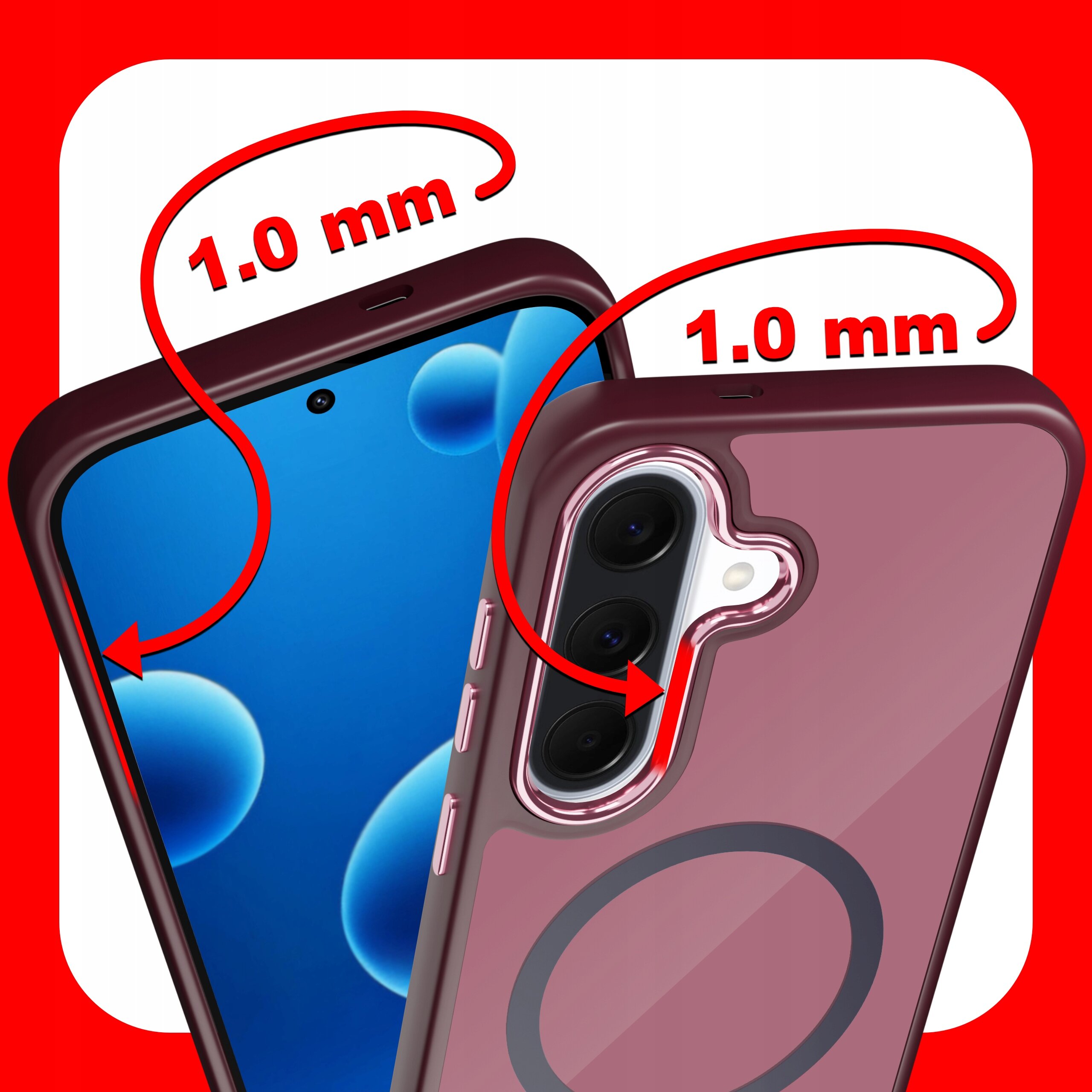 Obraz przedstawia etui na telefon z widocznymi aparatami i oznaczeniem grubości 1.0 mm. Tło jest czerwone, a etui ma przezroczyste elementy z ciemnym obramowaniem.