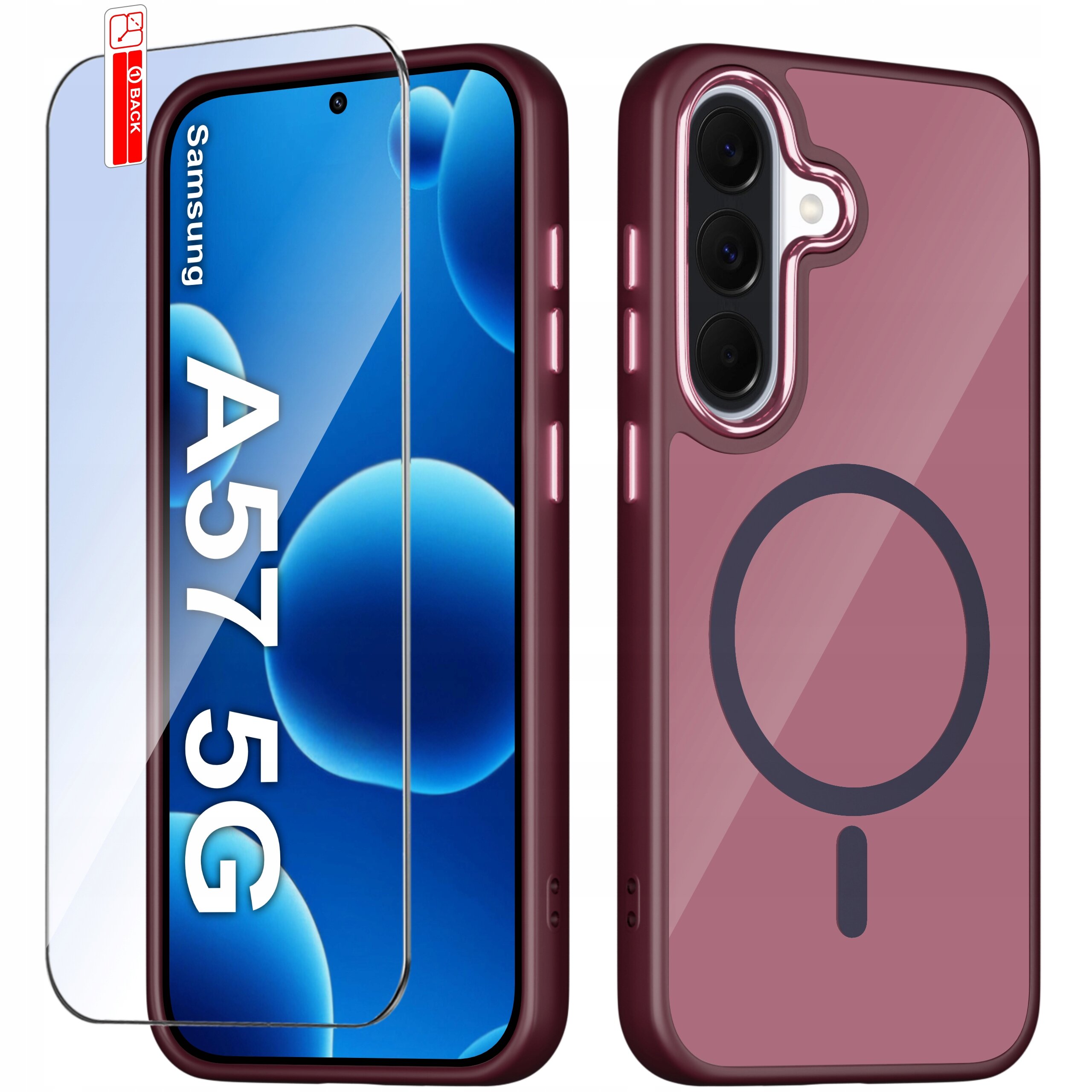 Obraz przedstawia etui do telefonu Samsung A57 5G w kolorze bordowym z okrągłym wzorem na tylnej części, obok znajduje się szkło ochronne. Na ekranie telefonu widoczny jest napis \'Samsung A57 5G\'.