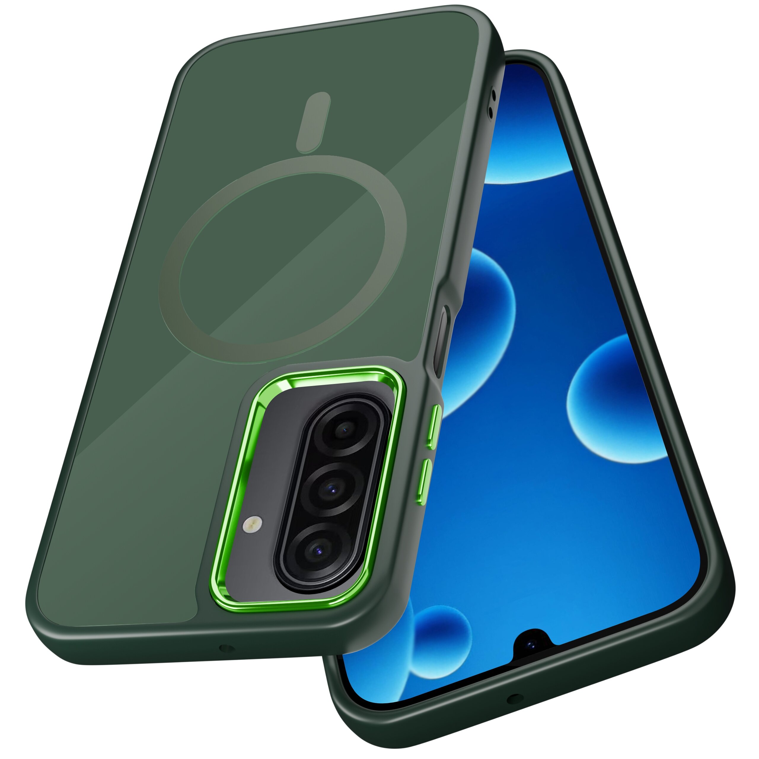 Obraz przedstawia zielone etui na telefon z trzema aparatami i okrągłym wzorem na tylnej części. Telefon ma wyświetlacz z niebieskim tłem i ciemnymi okręgami.