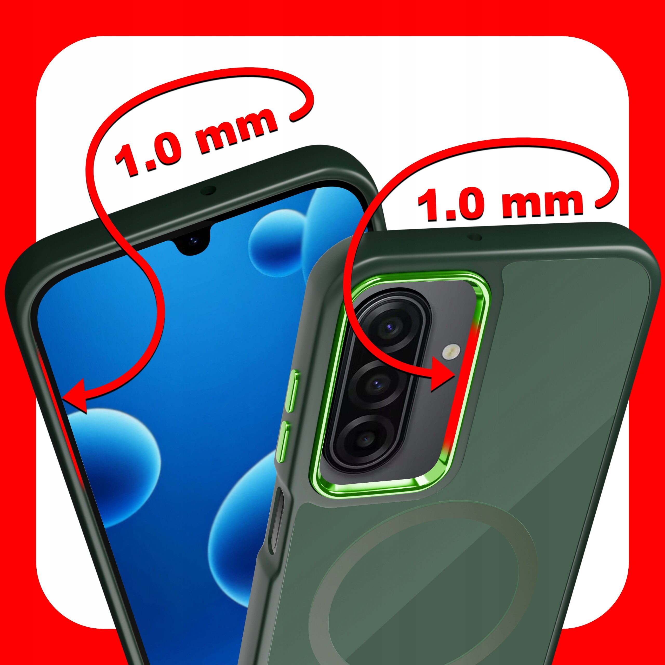 Obraz przedstawia etui na telefon z widocznymi aparatami i ekranem, z zaznaczoną grubością 1.0 mm. Tło jest czerwone, a na etui widoczny jest okrągły wzór.