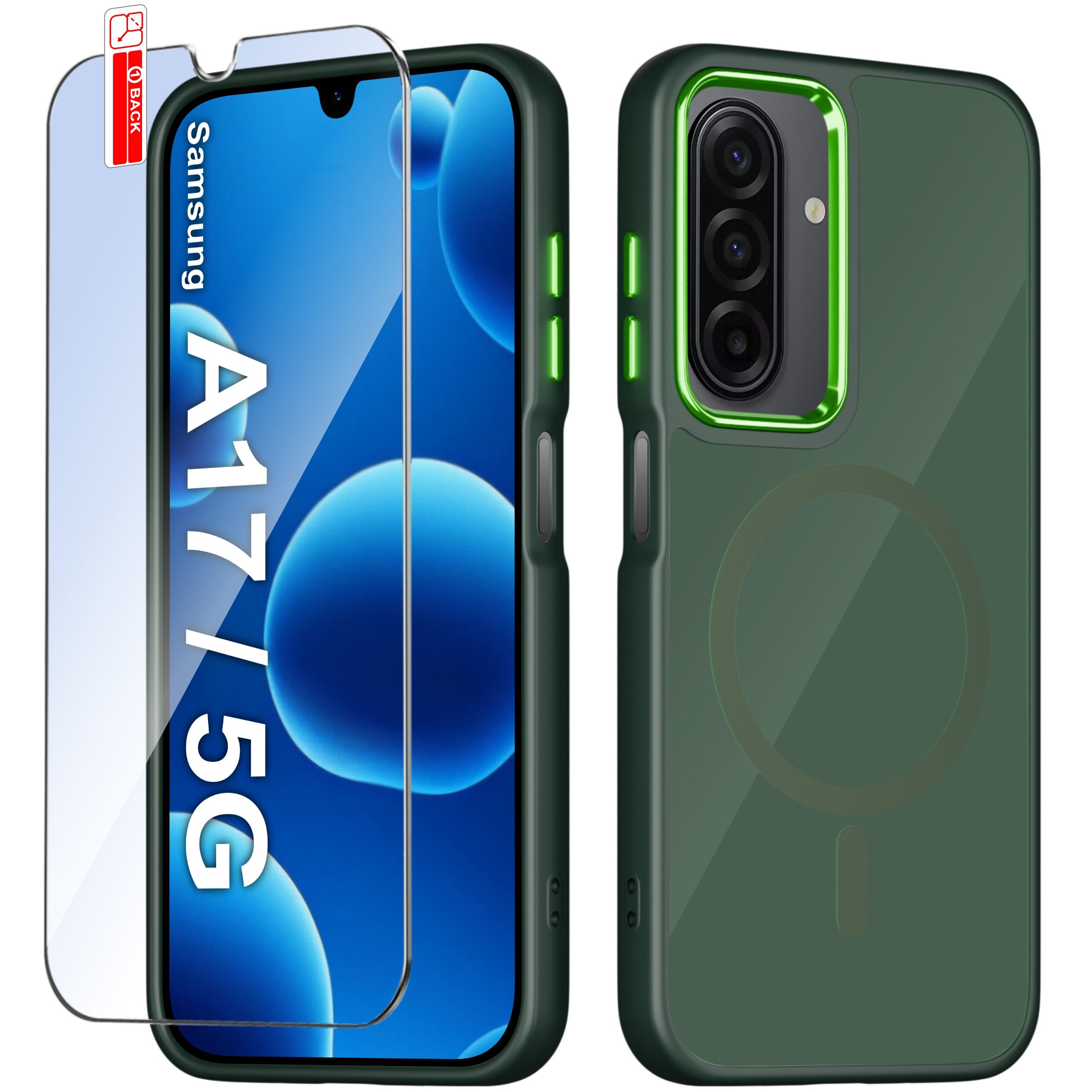 Obraz przedstawia zielone etui na telefon Samsung A17 5G z trzema aparatami oraz szkło ochronne. Na ekranie telefonu widoczny jest napis \'Samsung A17 / 5G\'.