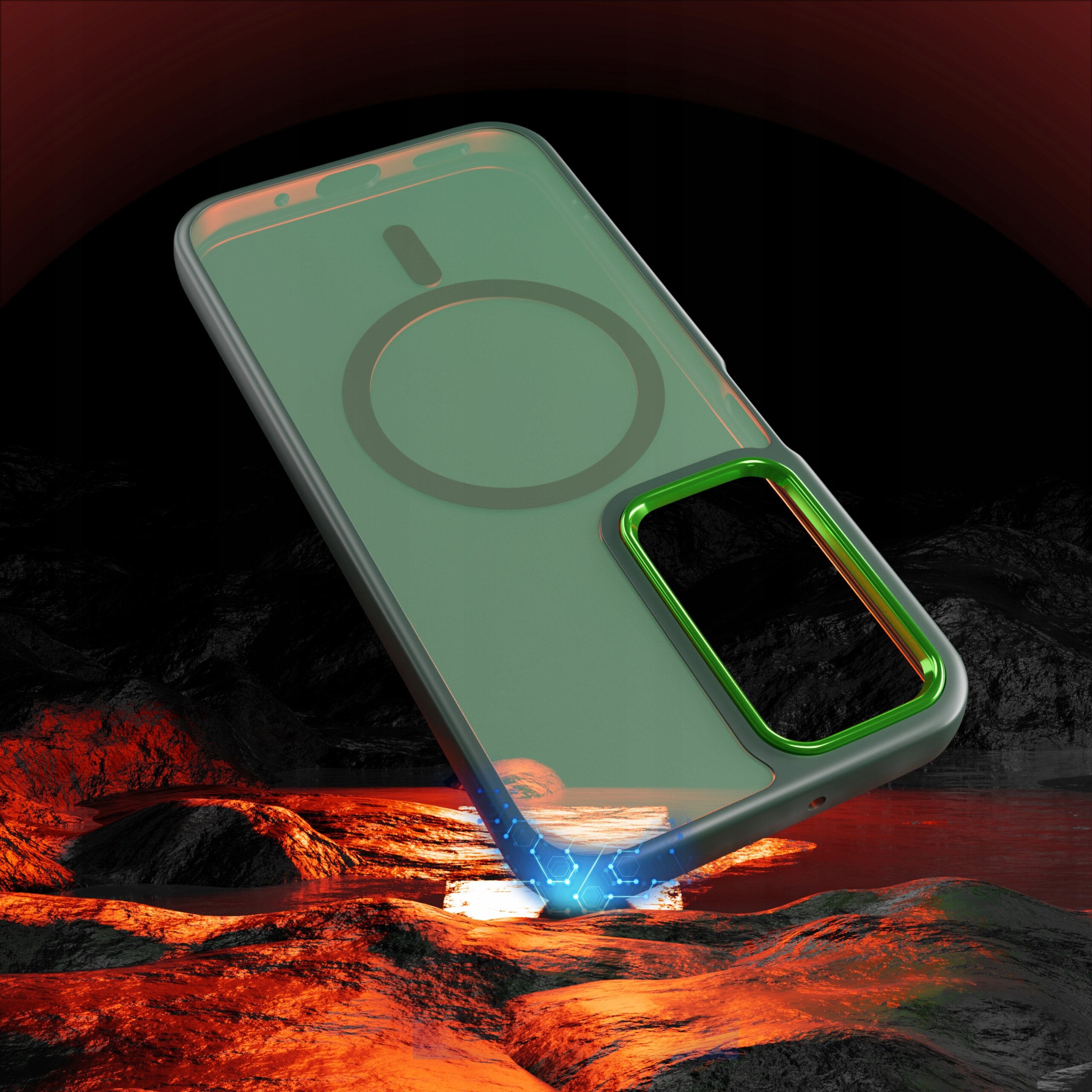 Obraz przedstawia przezroczyste etui na telefon z widocznym okrągłym wzorem, prawdopodobnie do funkcji magnetycznej. W tle widać abstrakcyjne, czerwono-czarne tło przypominające lawę.