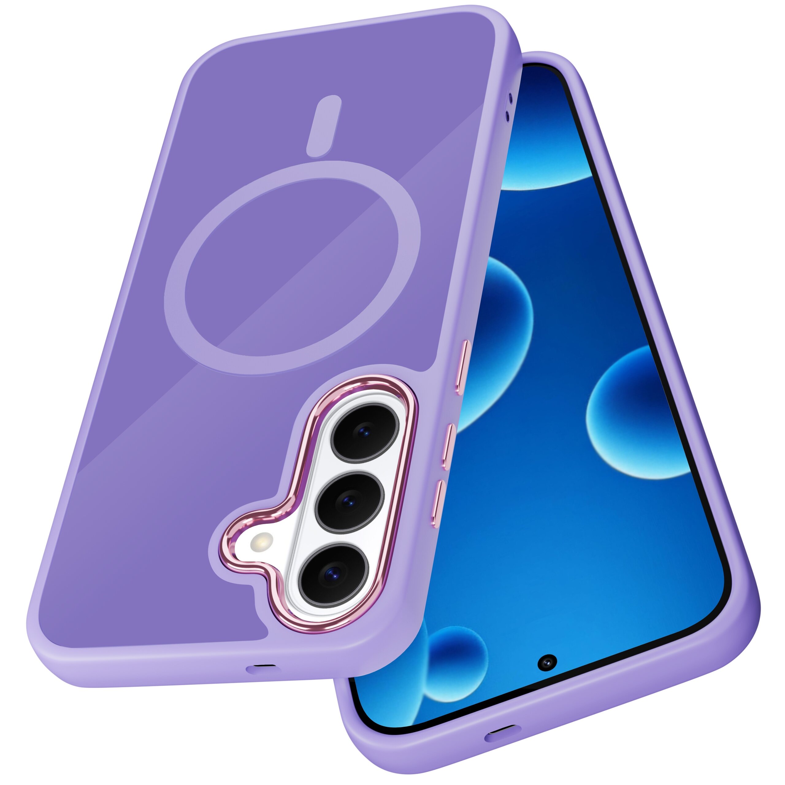 Fioletowe etui na telefon z trzema wycięciami na aparaty i okrągłym wzorem na tylnej części, obok telefonu z niebieskim ekranem.
