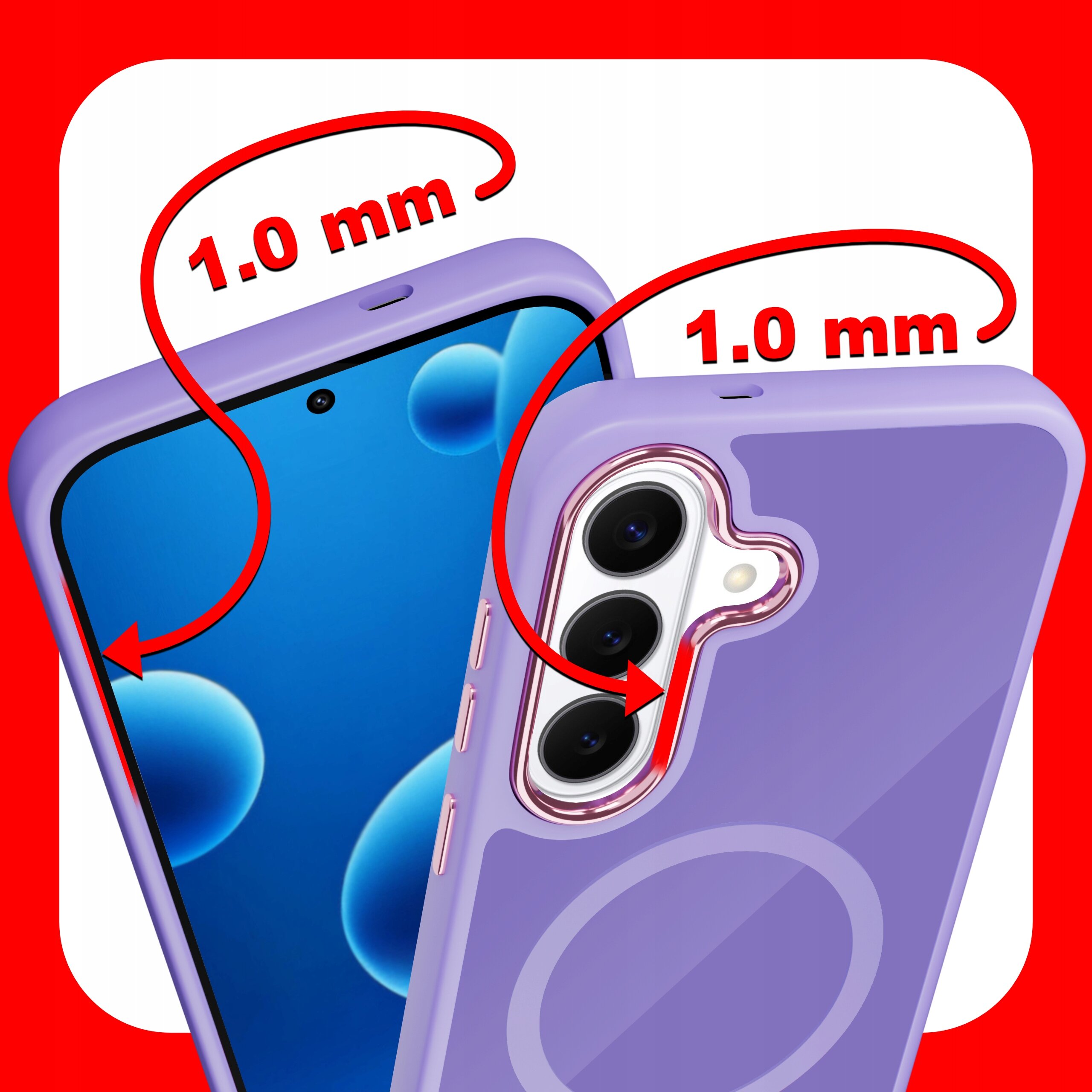 Na zdjęciu widoczne jest fioletowe etui na telefon z oznaczeniem \'1.0 mm\' przy krawędziach, na tle czerwonego i białego tła.