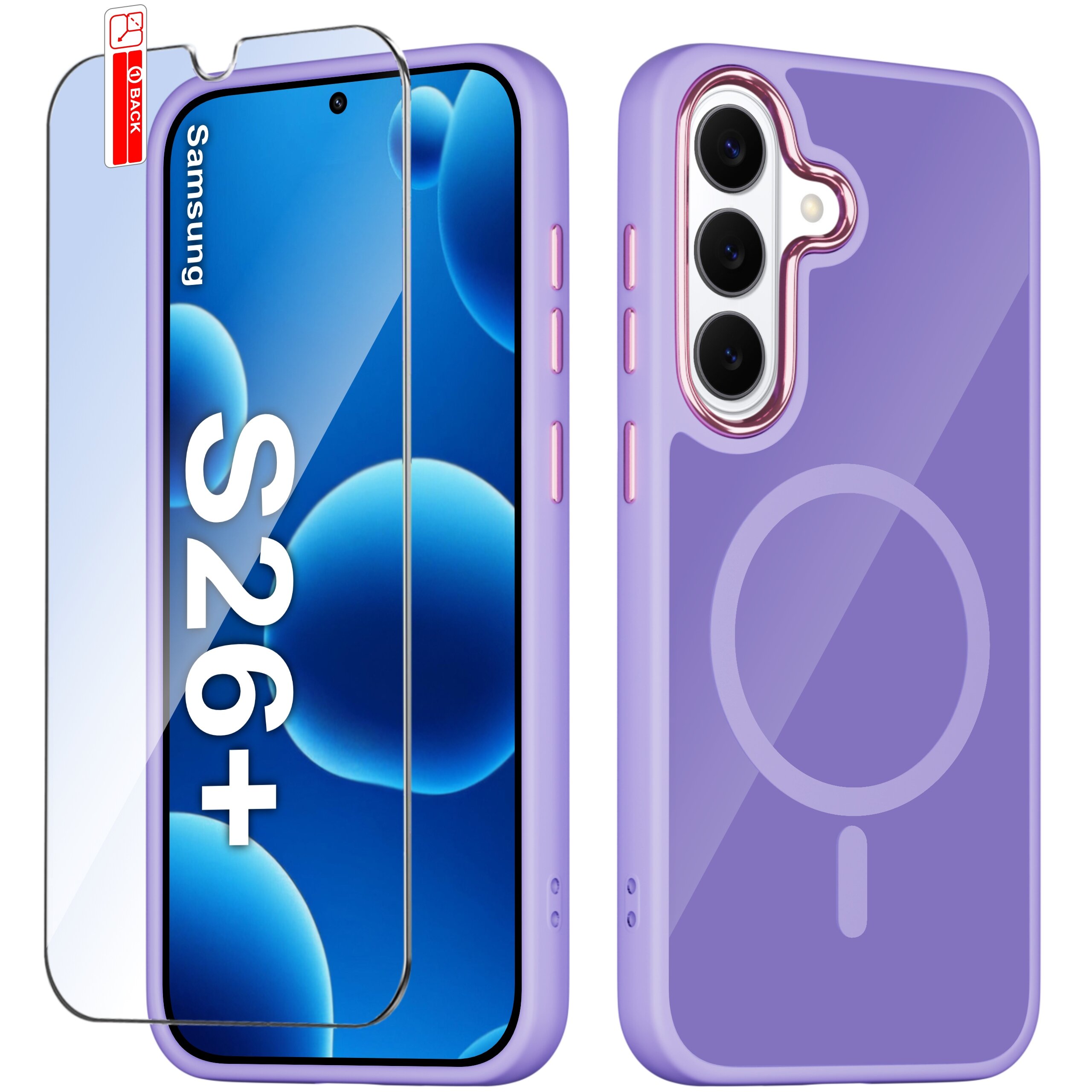 Obraz przedstawia fioletowe etui na telefon z trzema wycięciami na aparaty oraz szkło ochronne z napisem \'Samsung S26+\'.