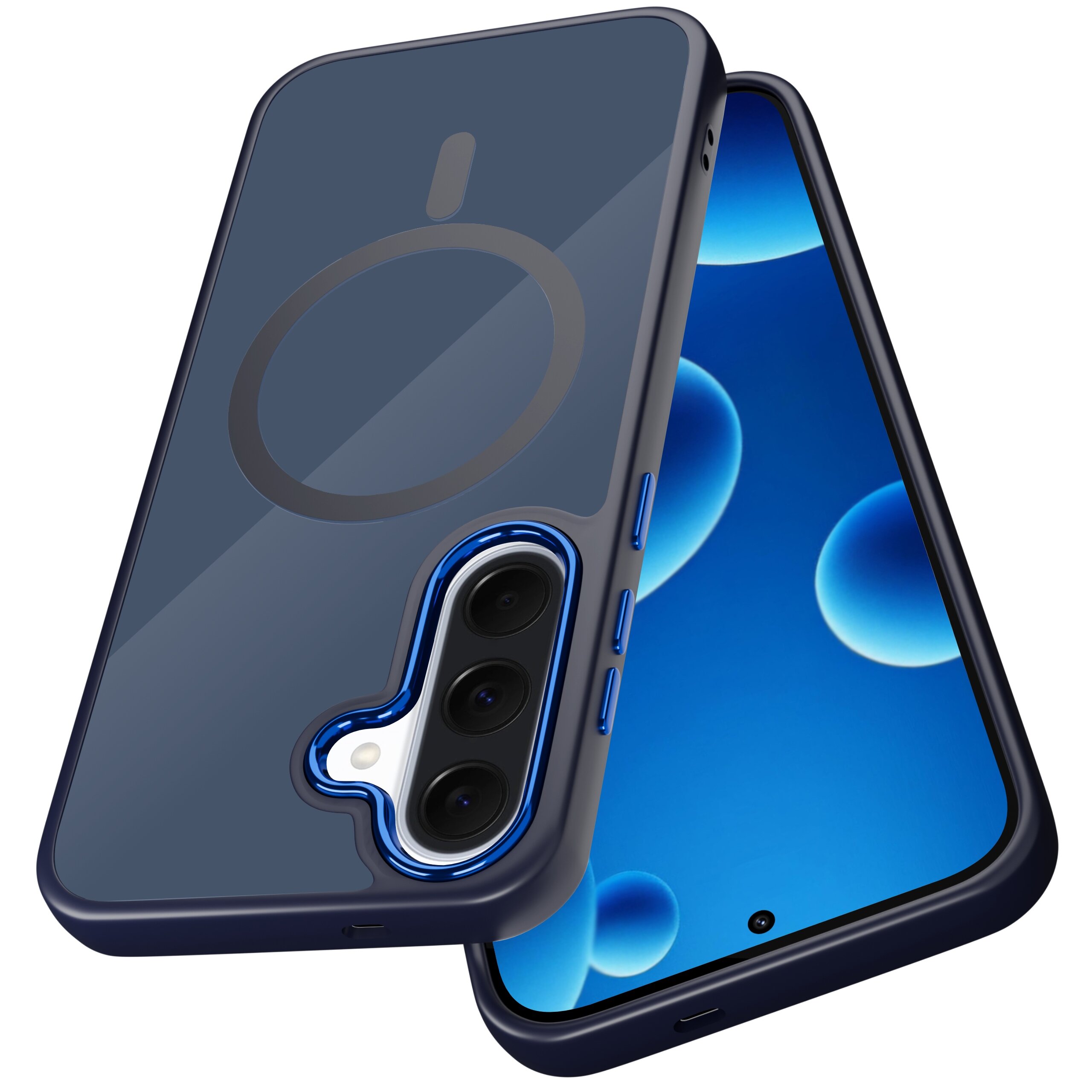 Etui do telefonu z trzema wycięciami na aparaty i okrągłym wzorem na tylnej części, obok telefonu z niebieskim ekranem.
