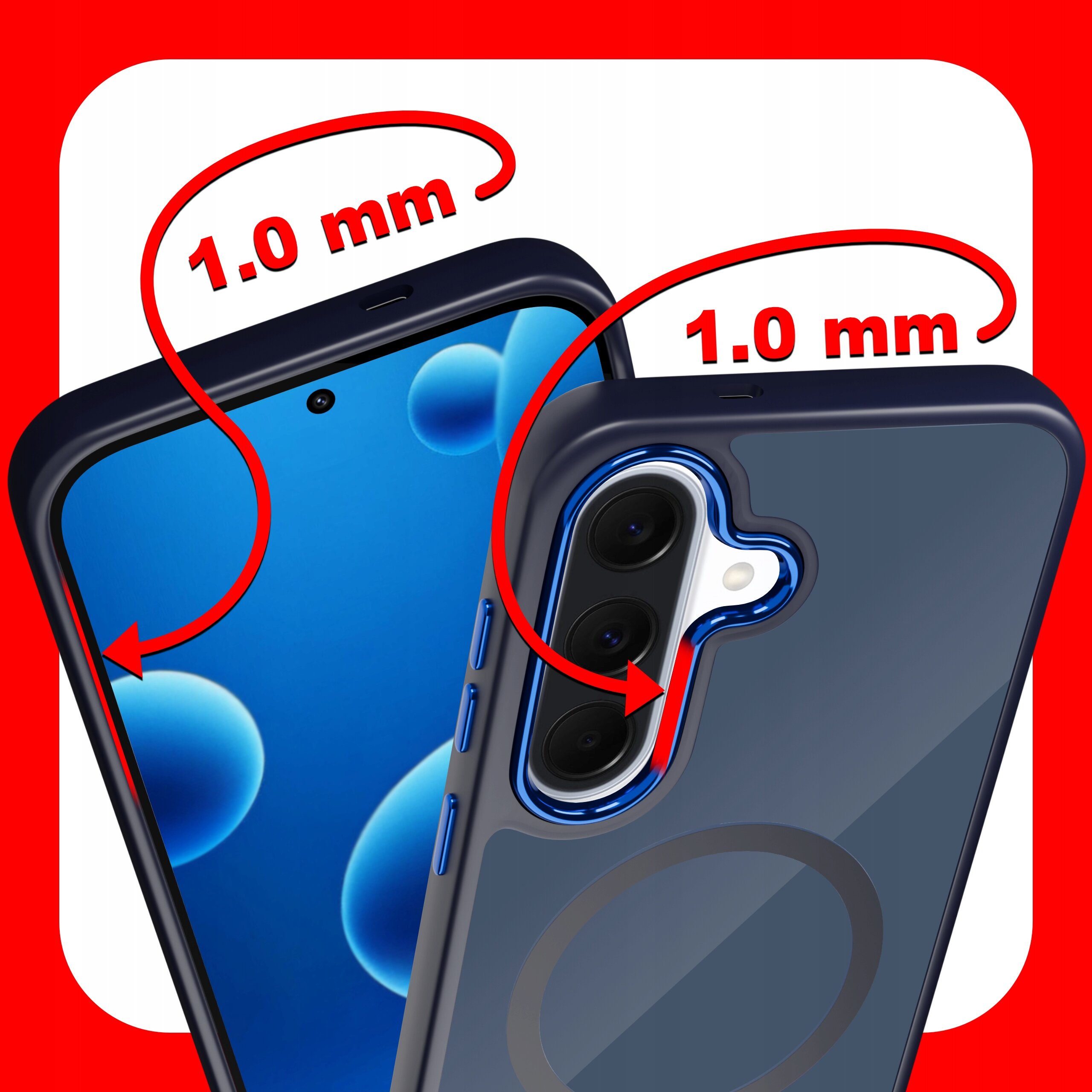 Obraz przedstawia dwa ujęcia etui na telefon z oznaczeniem \'1.0 mm\' w czerwonym kolorze, wskazującym na grubość krawędzi. Tło jest czerwone z białym kwadratem w centrum.