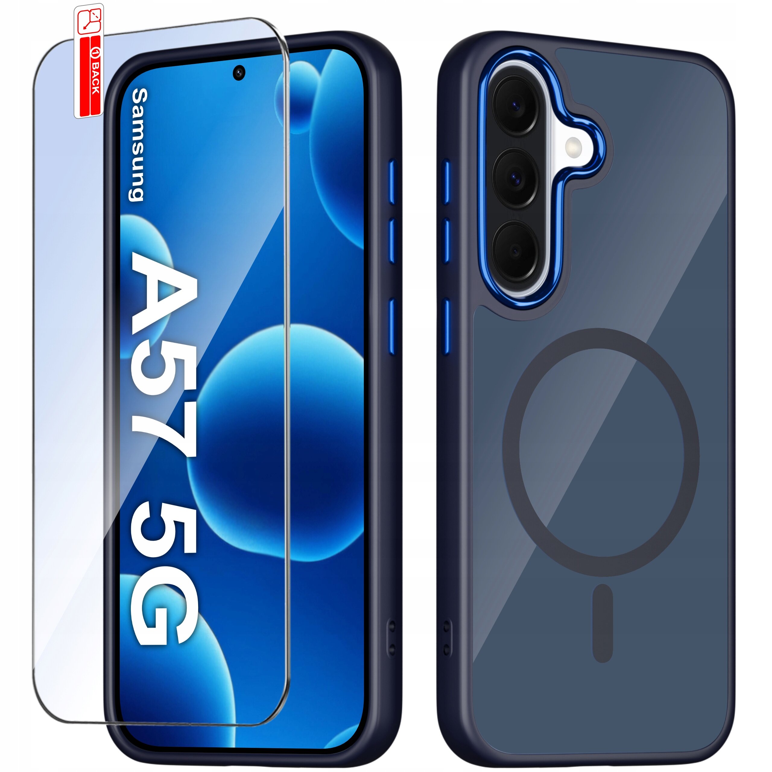 Na zdjęciu widoczne jest etui do telefonu Samsung A37 5G z matowym wykończeniem i magnetycznym pierścieniem, obok znajduje się szkło ochronne z napisem \'A37 5G\'.