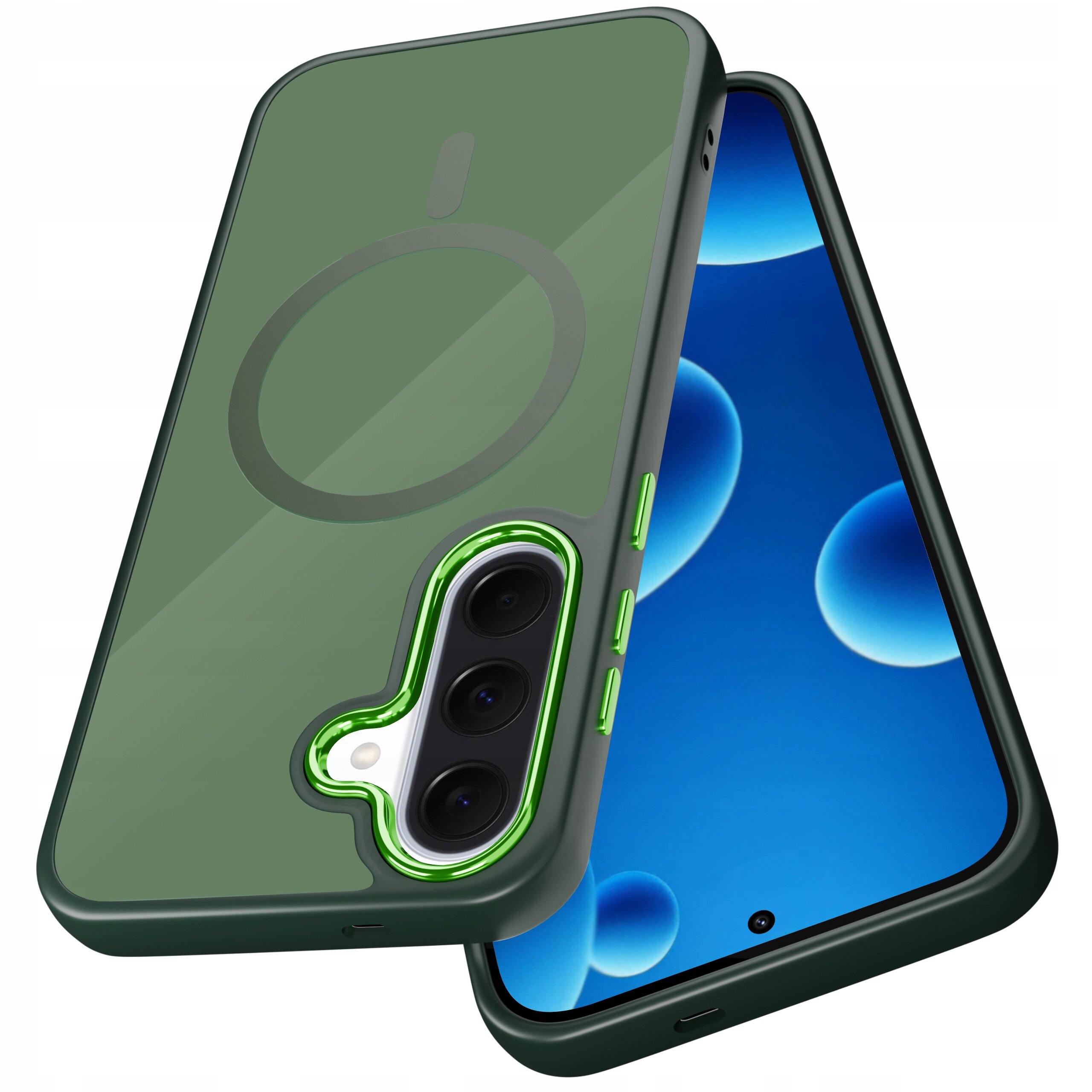 Zielone etui na telefon z trzema wycięciami na aparat i okrągłym wzorem na tylnej części, obok telefonu z niebieskim ekranem.
