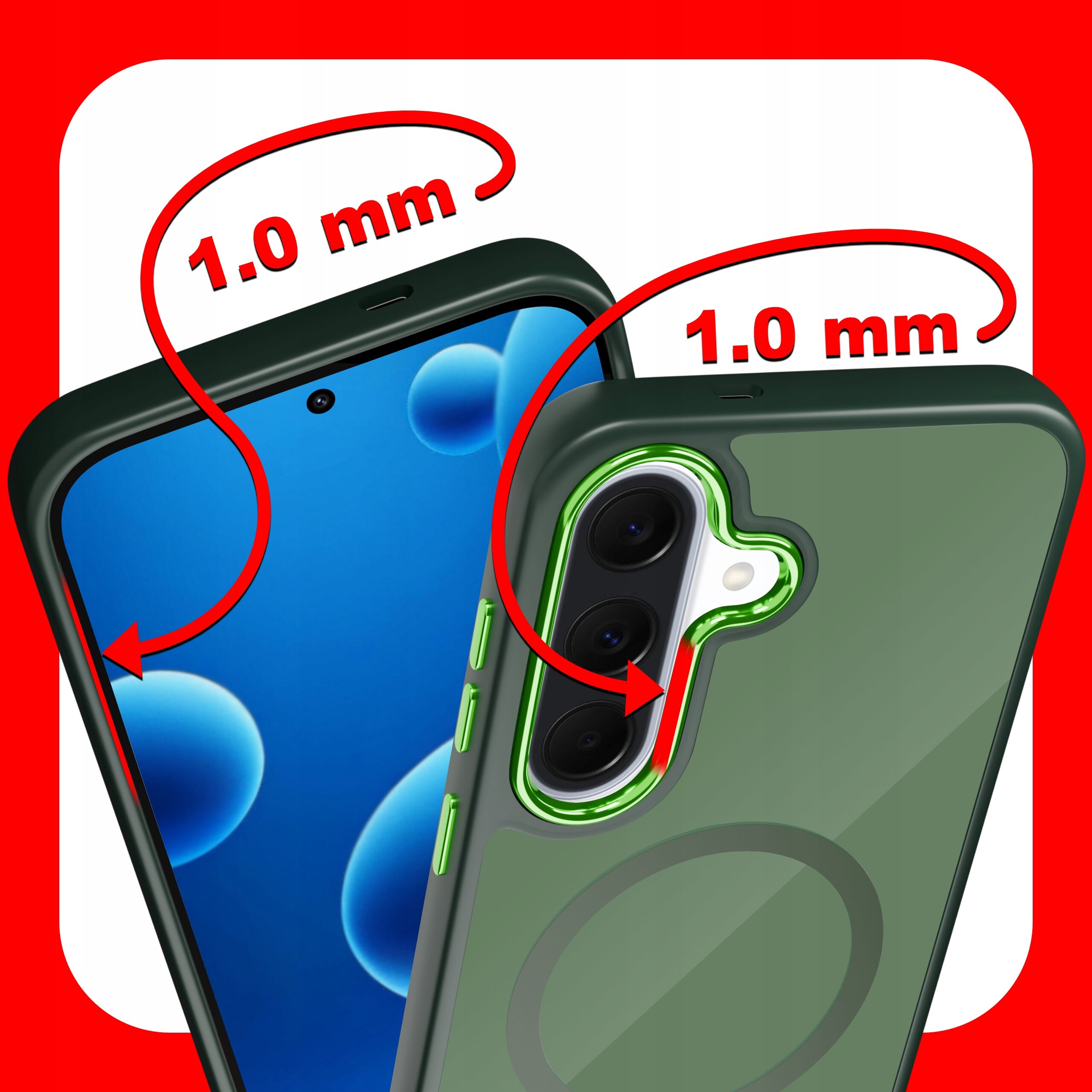 Obraz przedstawia dwa zielone etui na telefon z oznaczeniem \'1.0 mm\' w czerwonych strzałkach, na tle czerwono-białego wzoru.