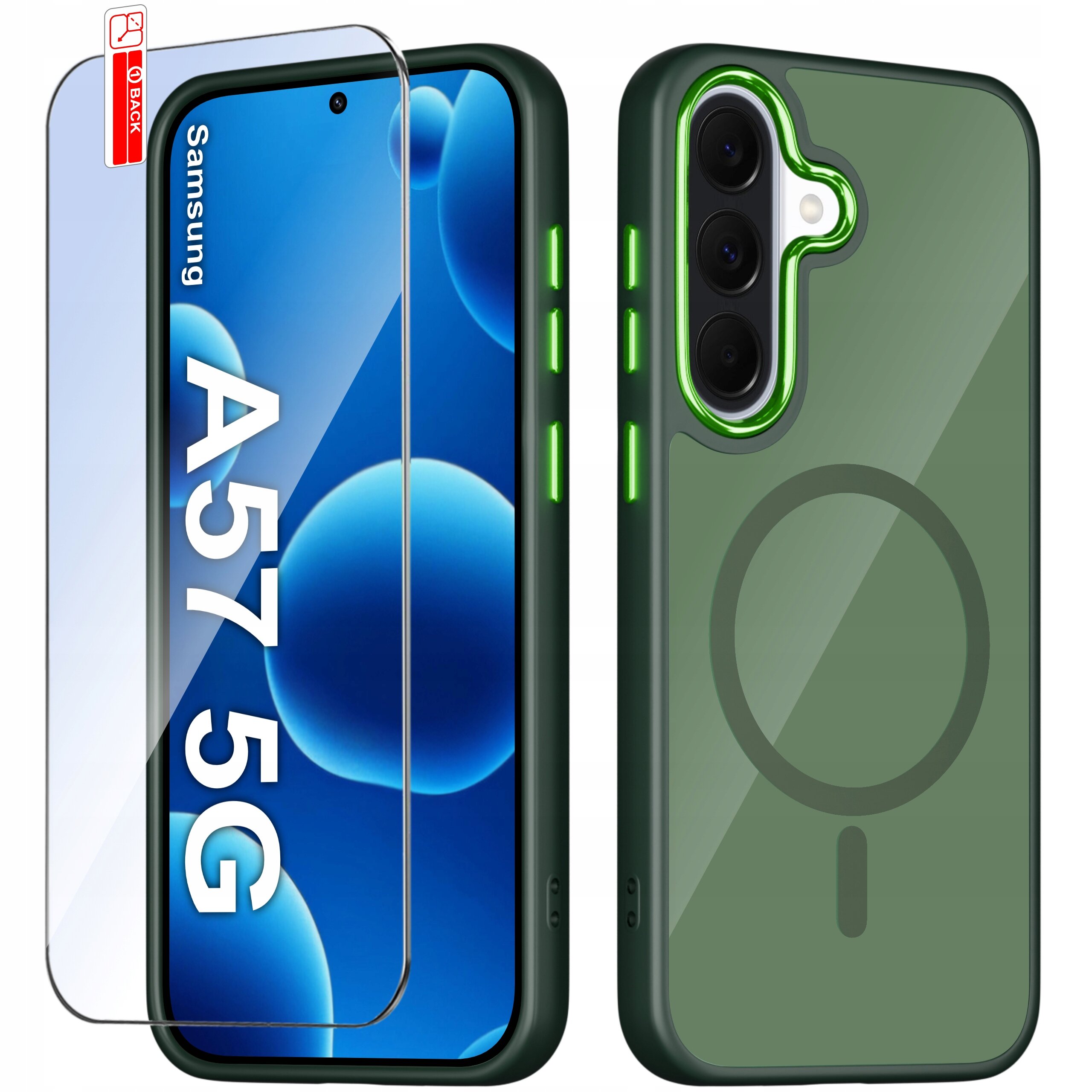 Zdjęcie przedstawia zielone etui do telefonu Samsung A37 5G z matowym wykończeniem i magnetycznym pierścieniem, obok znajduje się szkło ochronne z napisem \'A37 5G\'.