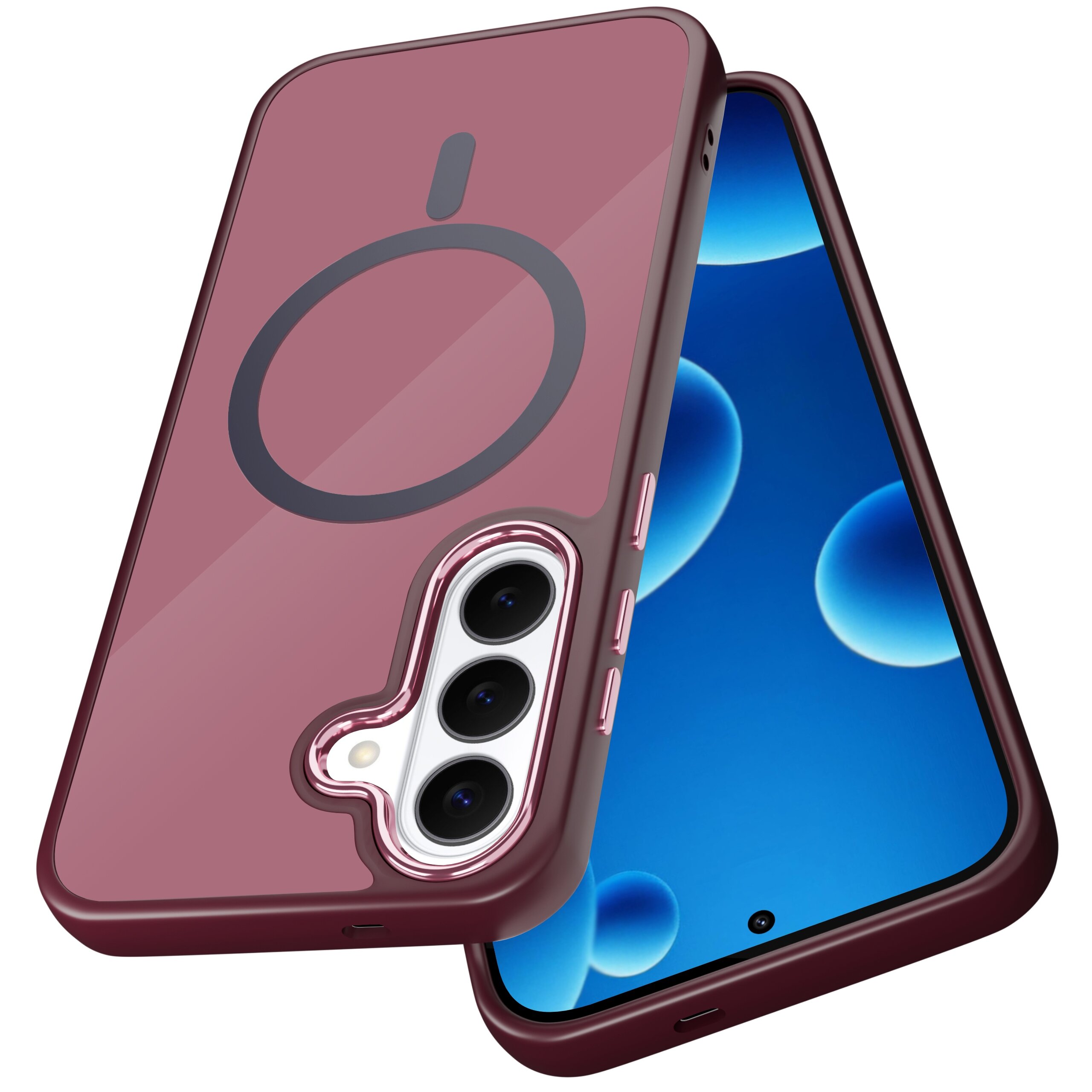 Etui w kolorze bordowym z okrągłym wzorem na tylnej części, przeznaczone na telefon z trzema obiektywami aparatu. Telefon ma wyświetlacz z niebieskimi bąbelkami na ekranie.