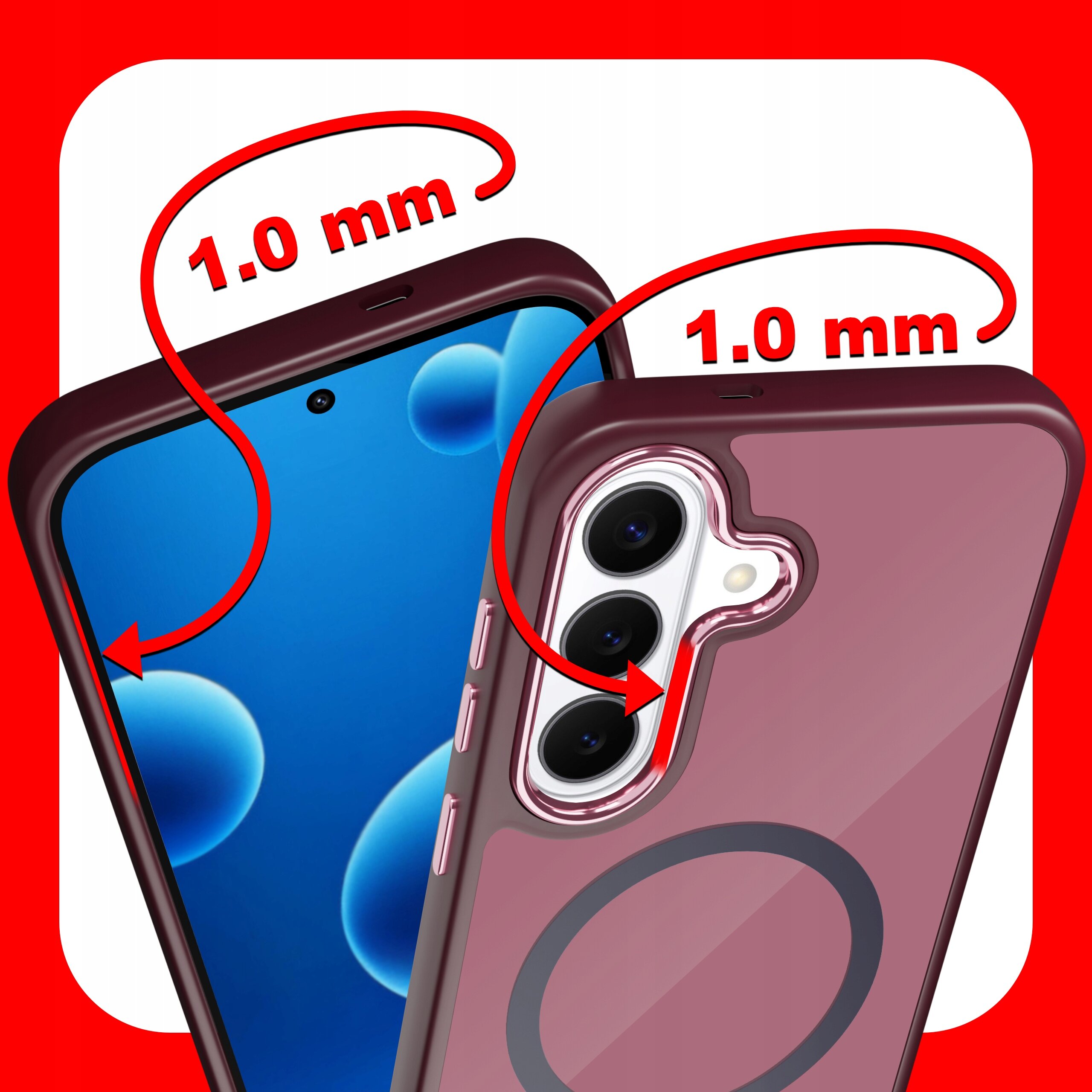 Obraz przedstawia etui na telefon z trzema widocznymi aparatami i oznaczeniem grubości 1.0 mm. Tło jest czerwone z białym kwadratem, a na ekranie telefonu widoczne są niebieskie bąbelki.