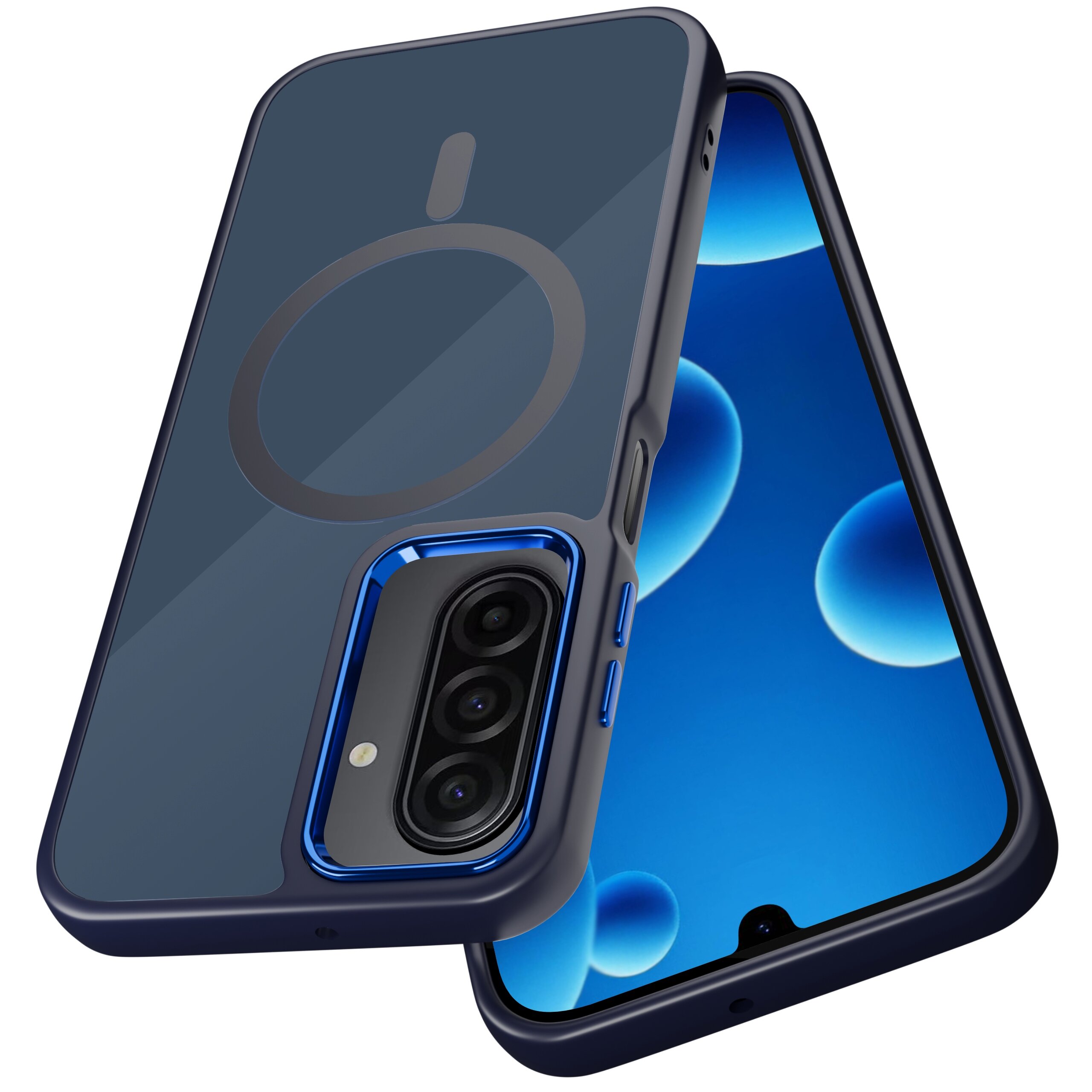 Obraz przedstawia etui na telefon z trzema aparatami i niebieskimi akcentami wokół obiektywów. Na etui widoczny jest okrągły wzór sugerujący kompatybilność z MagSafe.
