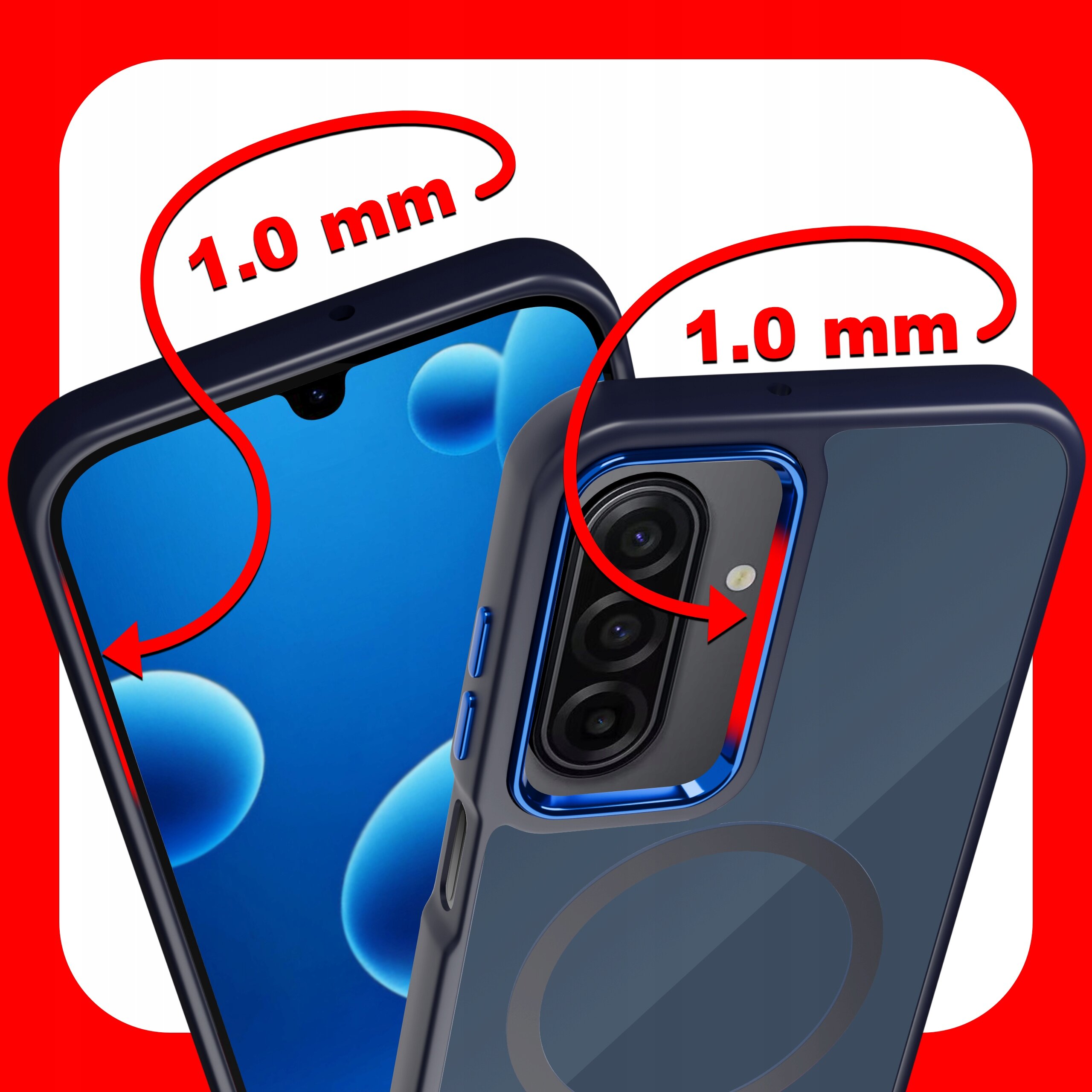 Obraz przedstawia etui na telefon z trzema aparatami i oznaczeniem grubości 1.0 mm. W tle widoczny jest ekran telefonu z niebieskimi bąbelkami.