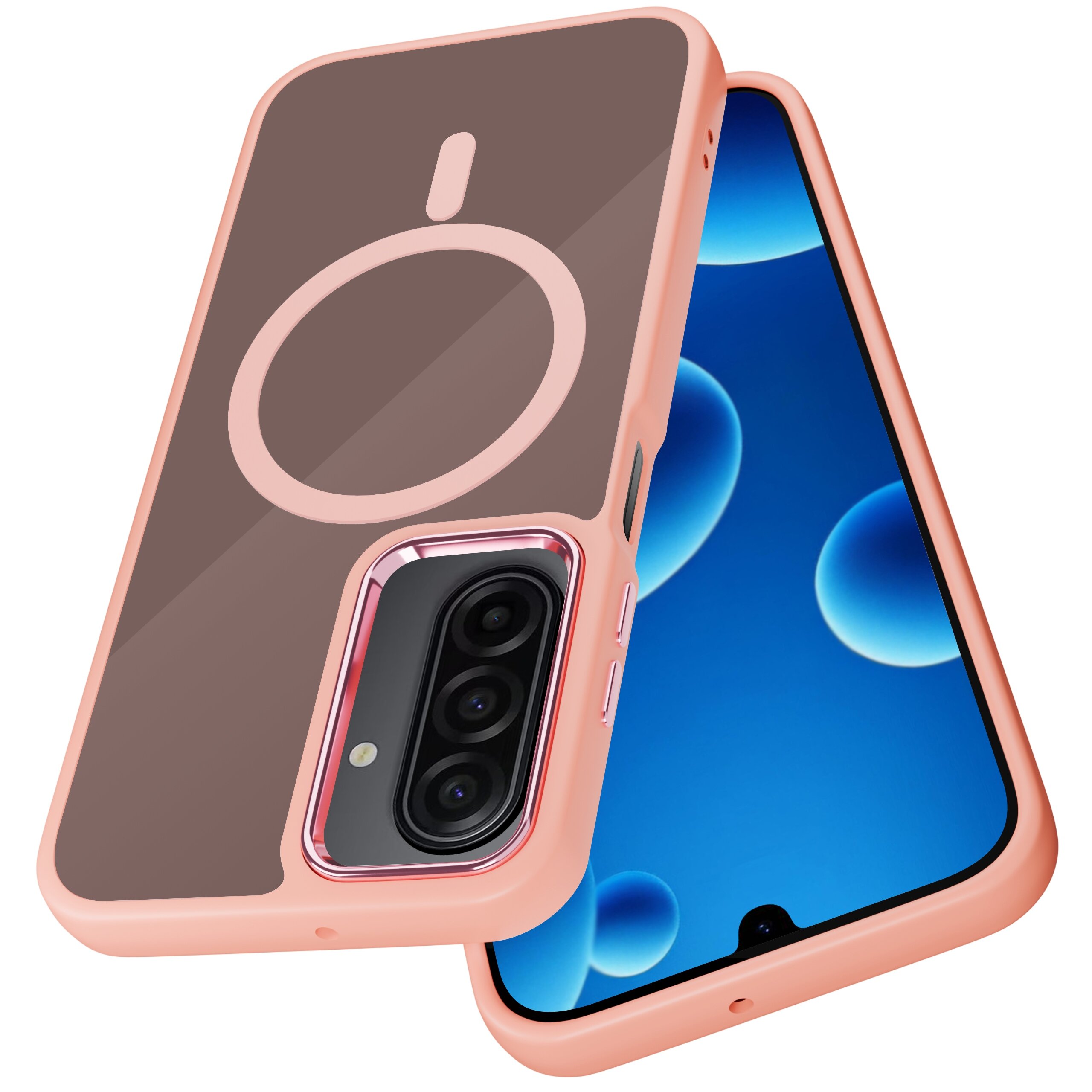 Etui do telefonu z matowym wykończeniem i magnetycznym pierścieniem, obok smartfon z wyświetlaczem pokazującym niebieskie bąbelki na czarnym tle.