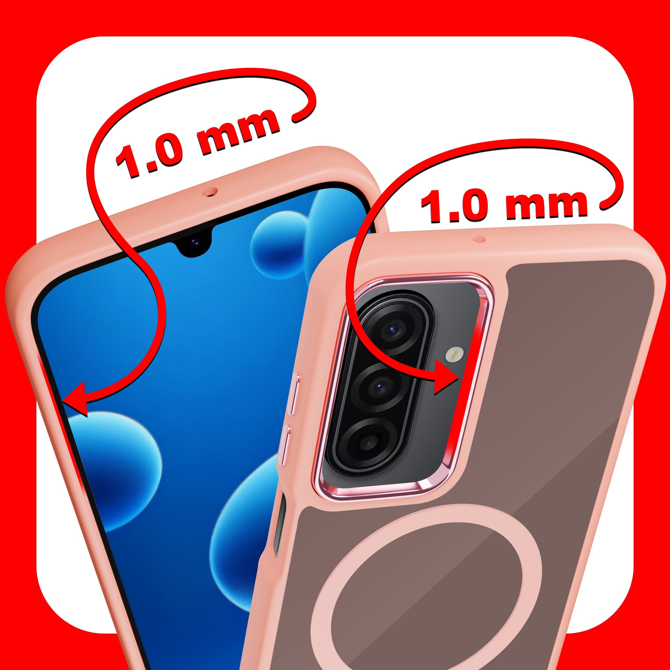 Obraz przedstawia dwa ujęcia telefonu w różowym etui z widocznymi aparatami i ekranem. Na etui znajdują się oznaczenia \'1.0 mm\' wskazujące na grubość ochrony wokół ekranu i aparatów.
