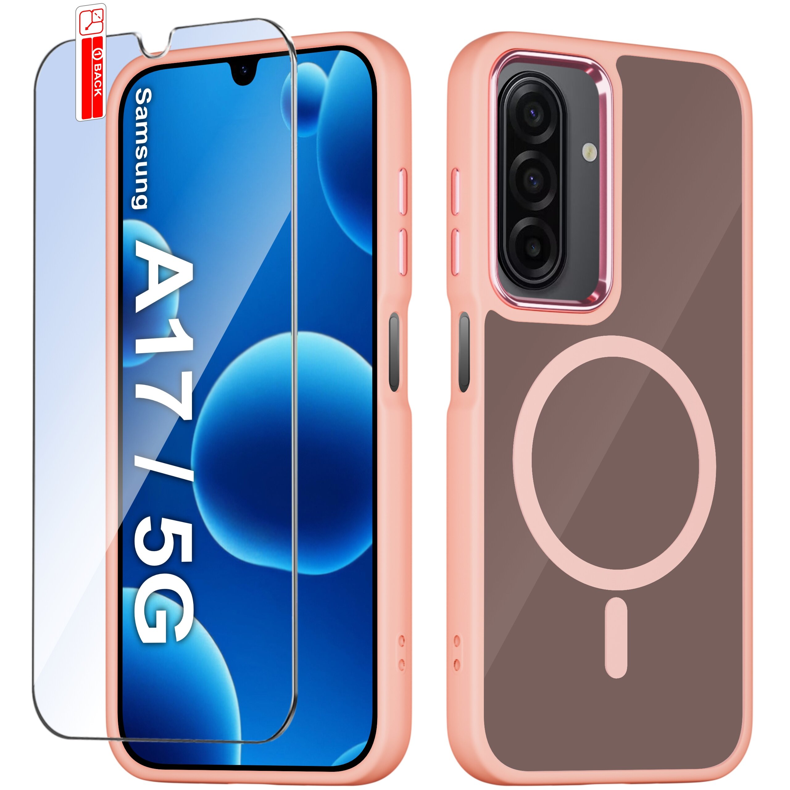 Obraz przedstawia różowe etui na telefon z okrągłym wzorem oraz szkło ochronne z napisem \'Samsung A17/5G\'. Etui ma wycięcia na aparat i przyciski boczne.