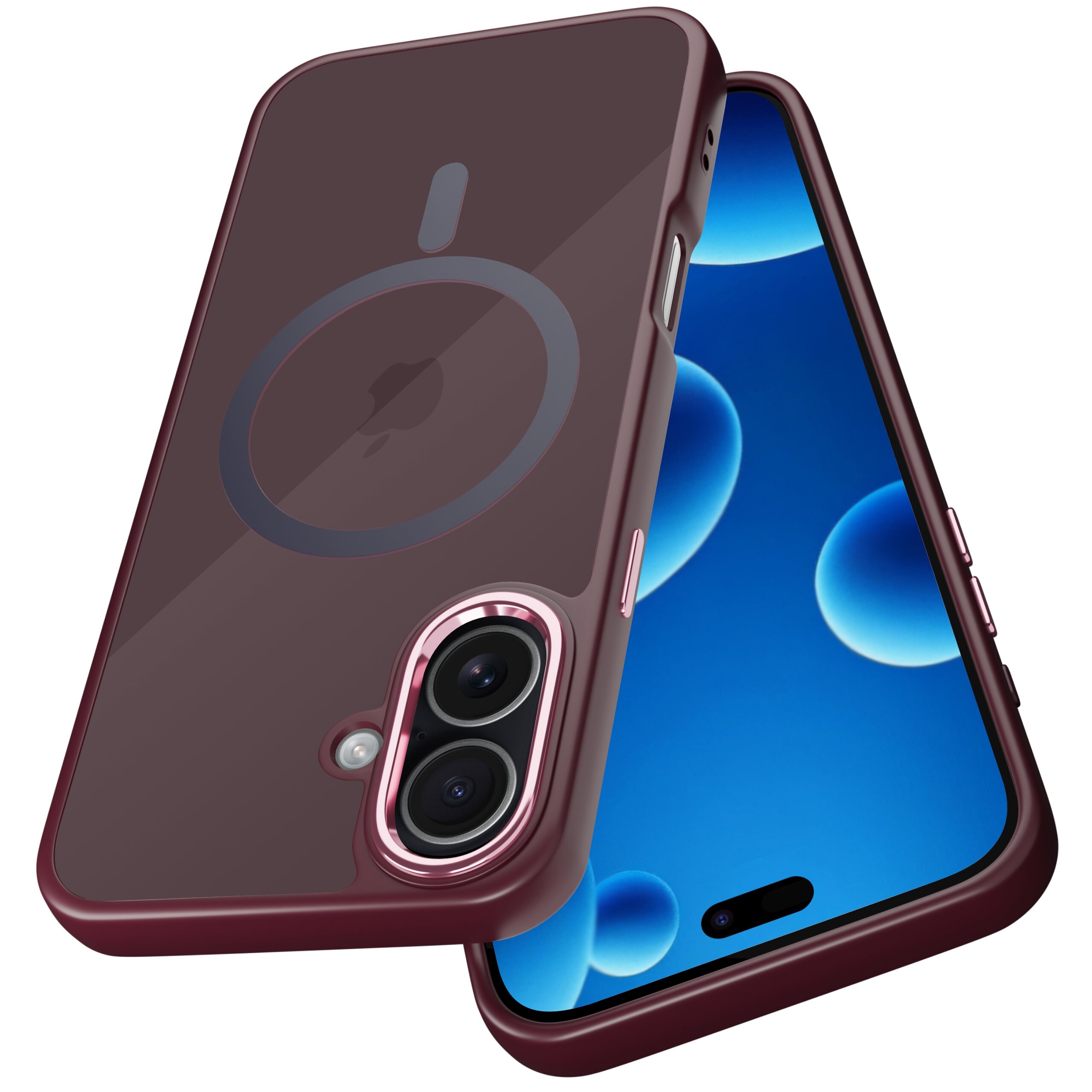 Obraz przedstawia etui na telefon w kolorze bordowym z okrągłym wzorem na środku, przeznaczone do iPhone\'a. W tle widoczny jest ekran telefonu z niebieskim motywem.