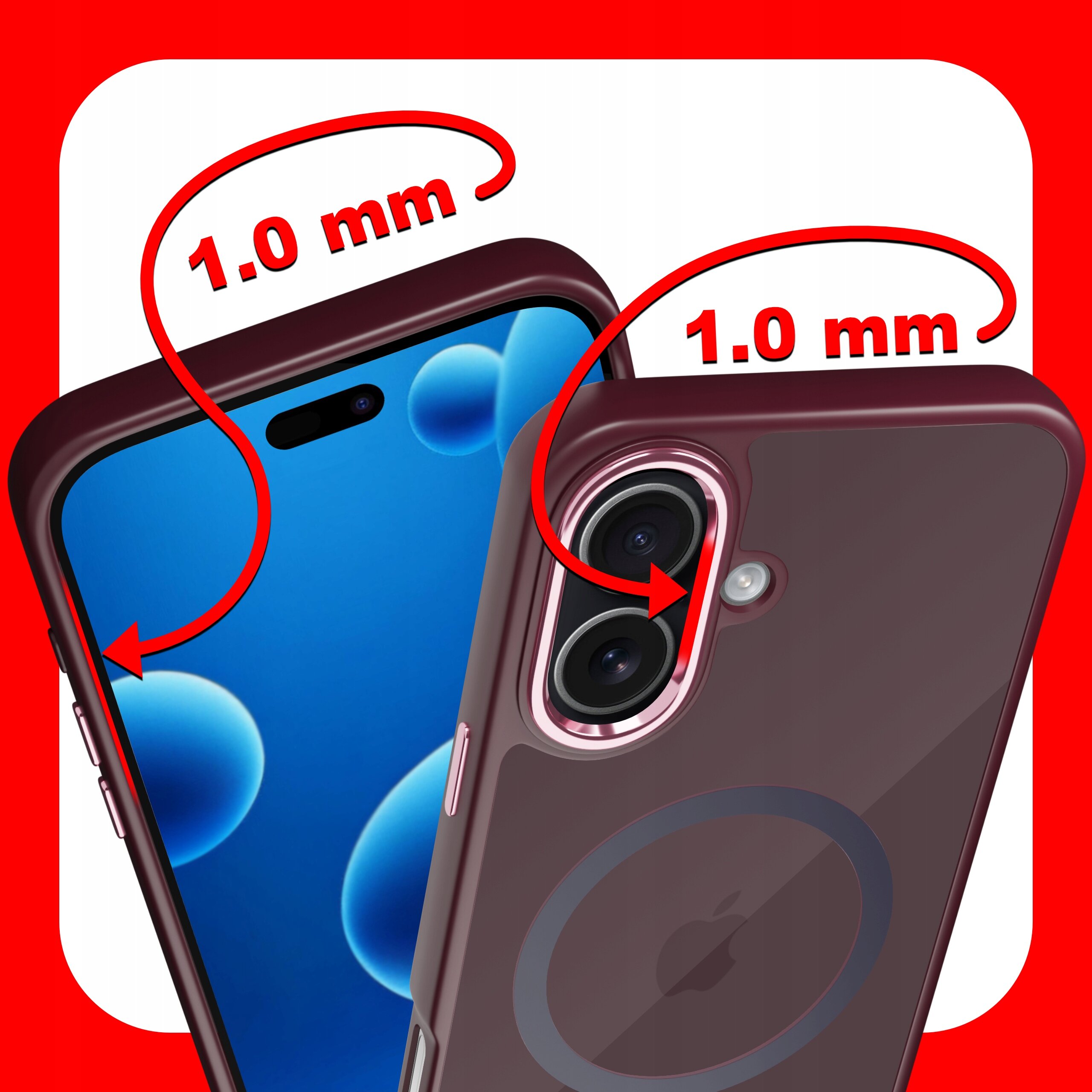 Obraz przedstawia dwa ujęcia etui na telefon z oznaczeniem \'1.0 mm\' przy krawędziach. Etui jest matowe, w kolorze bordowym, z widocznym okręgiem na tylnej części.