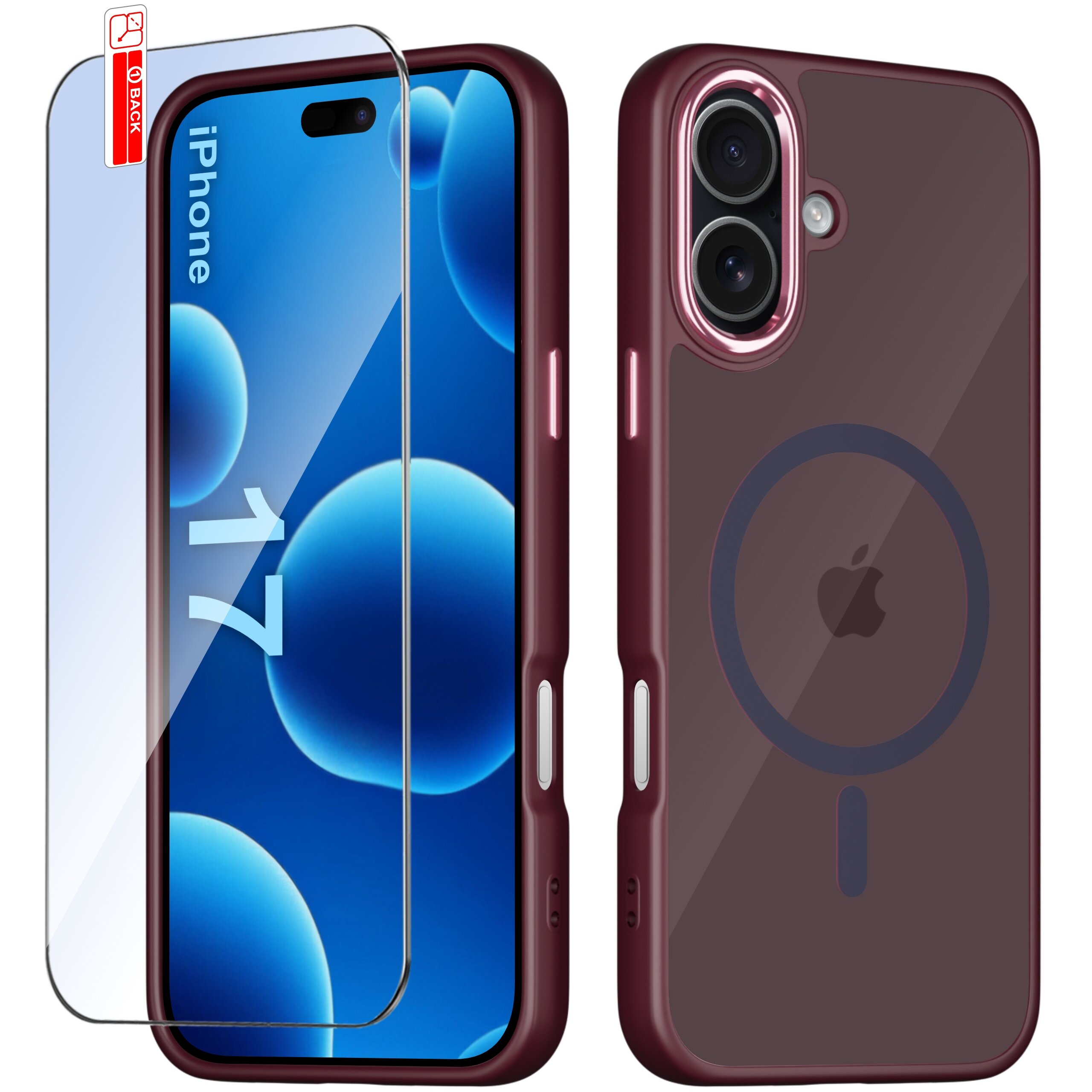 Obraz przedstawia etui do iPhone 17 w kolorze bordowym z przezroczystym szkłem ochronnym. Na etui widoczny jest okrągły symbol wskazujący na kompatybilność z MagSafe oraz logo w kształcie jabłka.