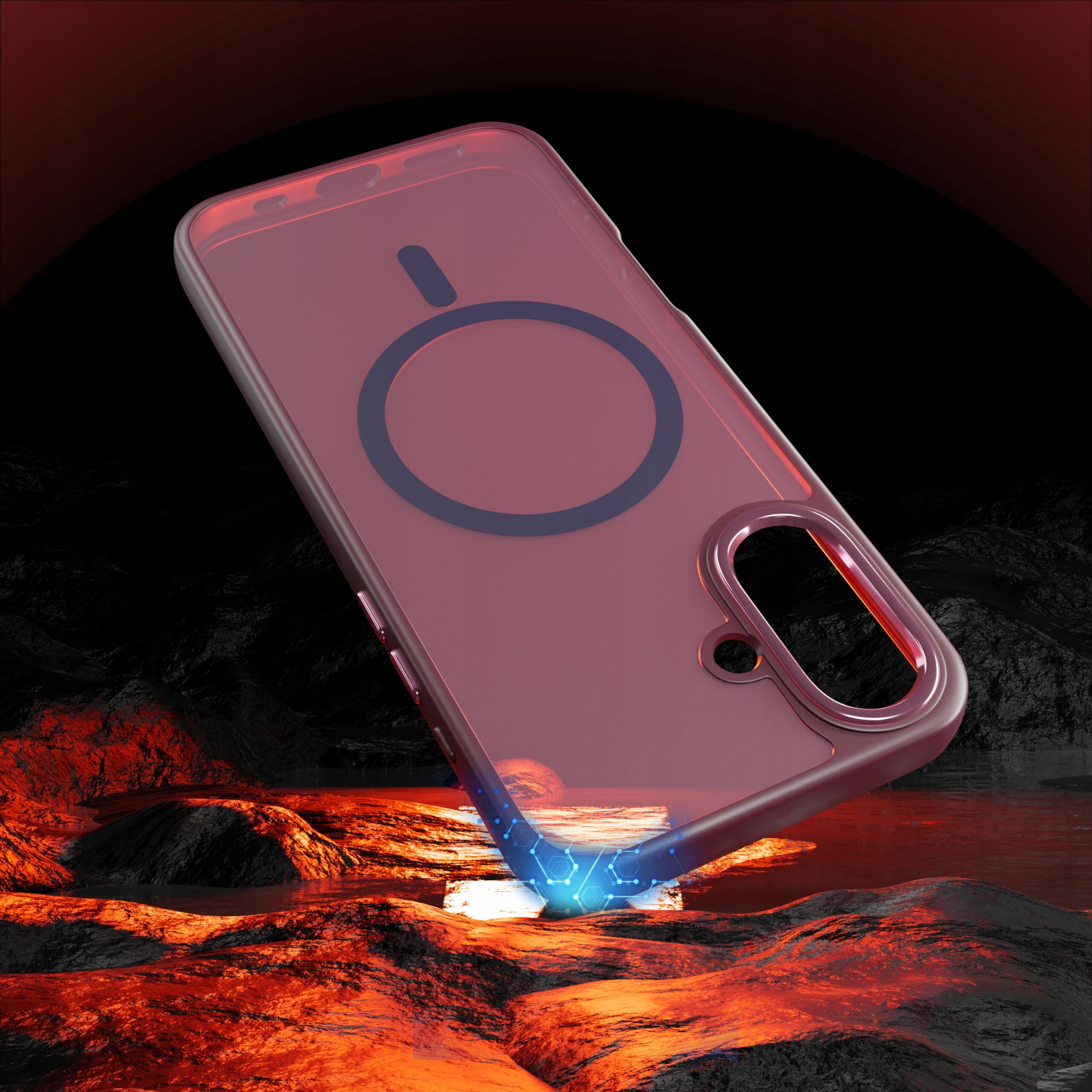 Przezroczyste etui na telefon z widocznym okrągłym wzorem, unosi się nad powierzchnią przypominającą lawę. Etui ma wycięcie na aparat i jest oświetlone niebieskim światłem od spodu.