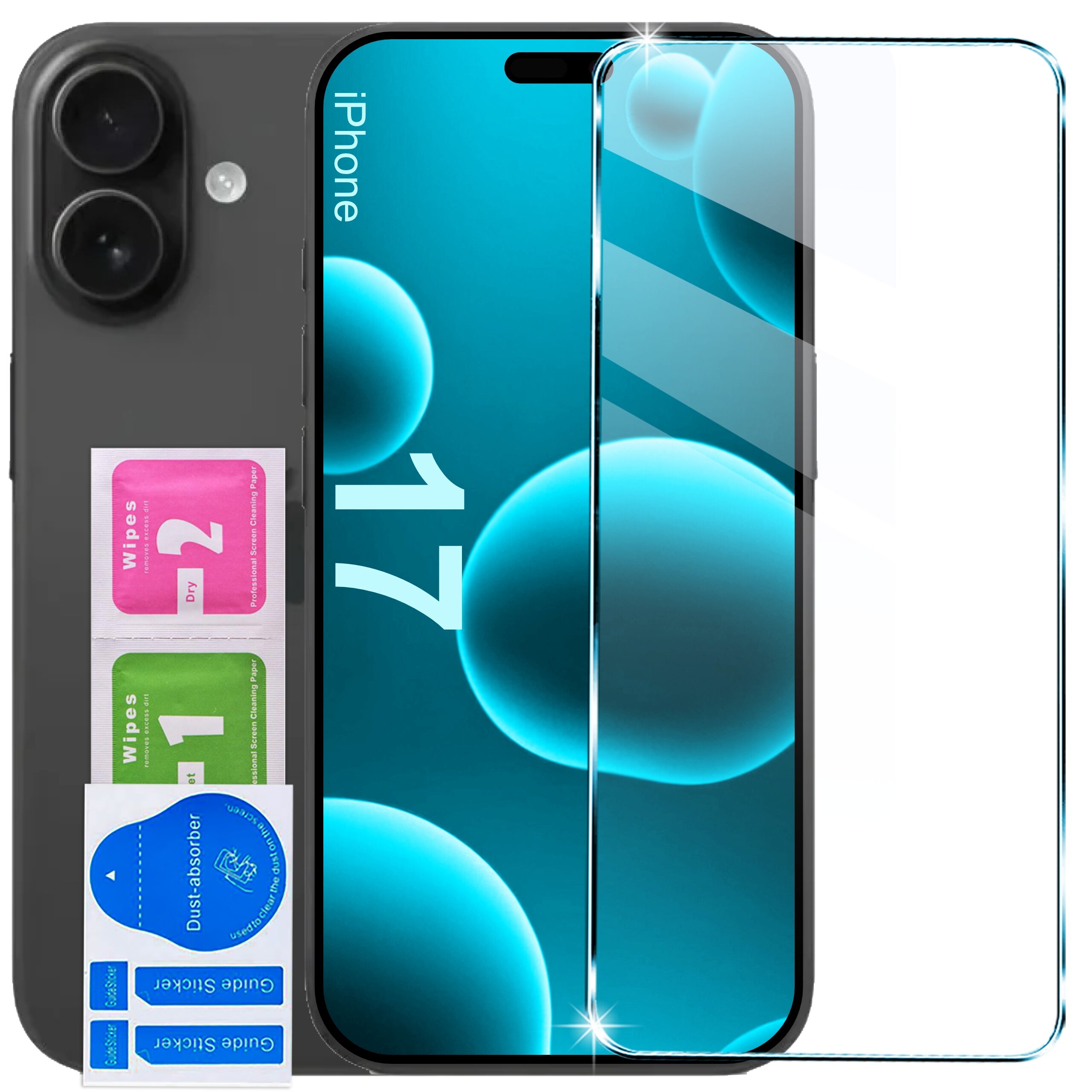 Na zdjęciu znajduje się etui do iPhone 17 z brokatowym wykończeniem oraz szkło ochronne 9H. Obok widoczne są dwie saszetki z napisem \'Wipes 1 Wet\' i \'Wipes 2 Dry\' oraz niebieska naklejka \'Dust-Absorber\'.