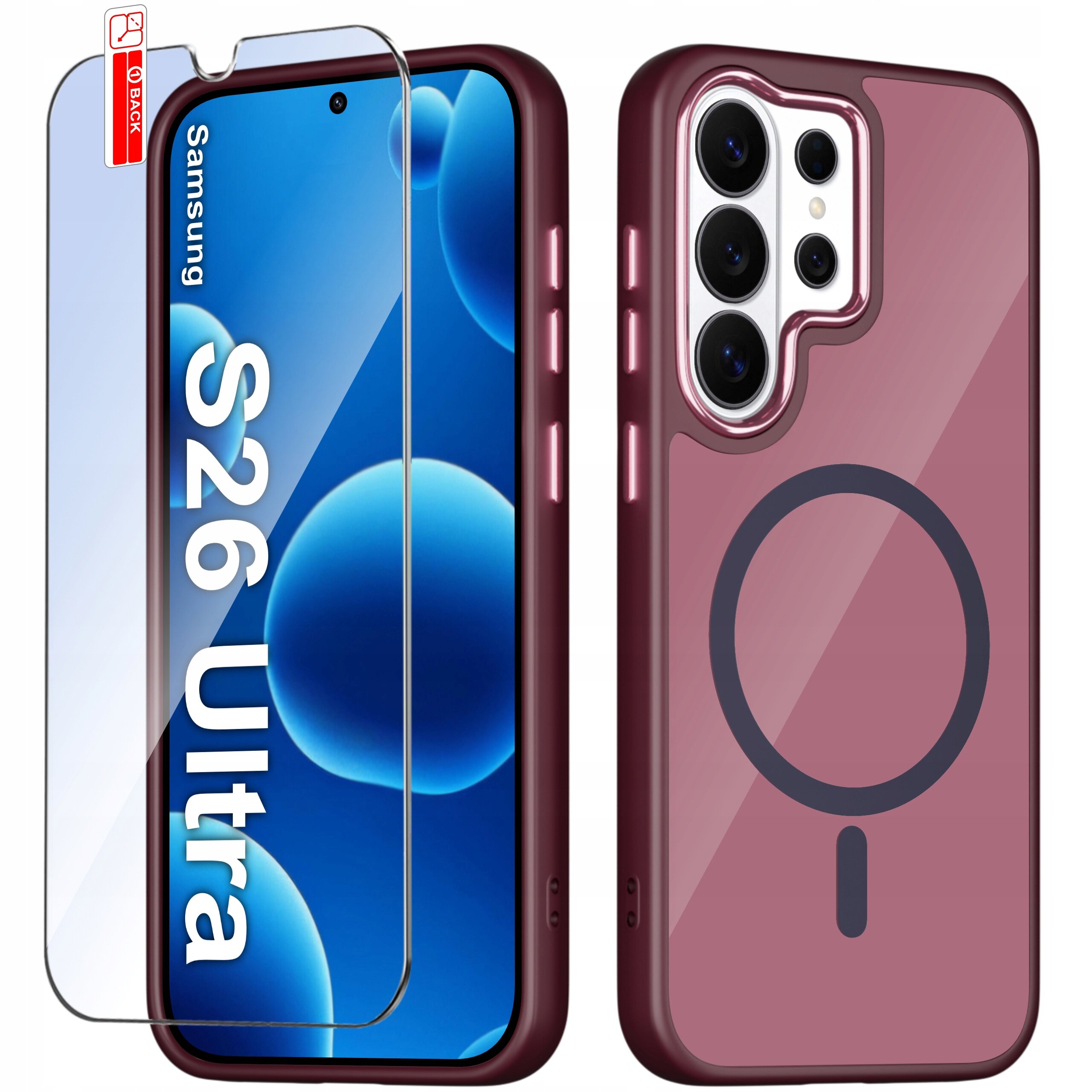 Obraz przedstawia etui do telefonu w kolorze bordowym z okrągłym wzorem na tylnej części oraz szkło ochronne z napisem \'Samsung S26 Ultra\'.