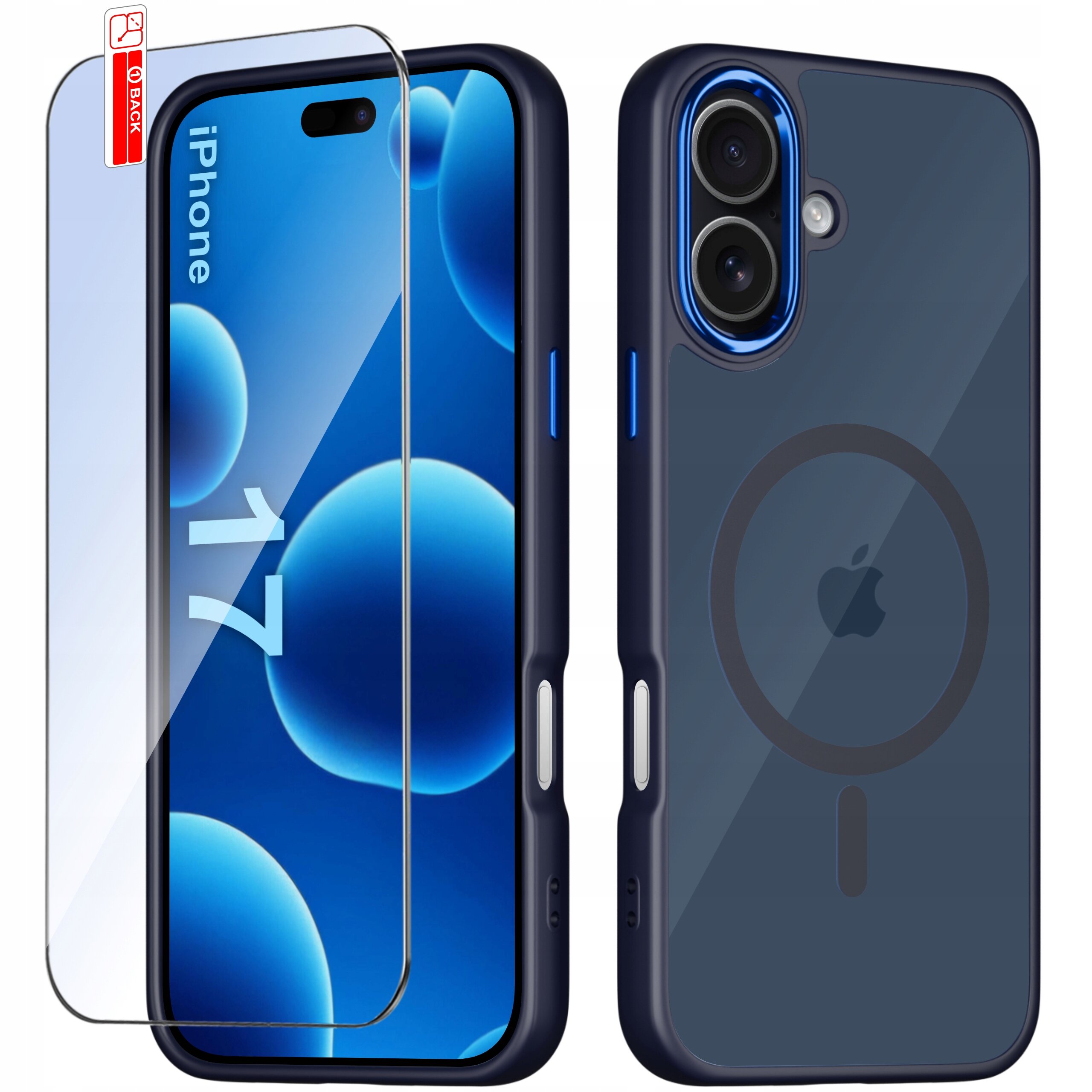 Obraz przedstawia etui do iPhone 17 w kolorze ciemnoniebieskim z przezroczystym szkłem ochronnym. Na etui widoczny jest okrągły symbol wskazujący na kompatybilność z MagSafe oraz logo w kształcie jabłka.