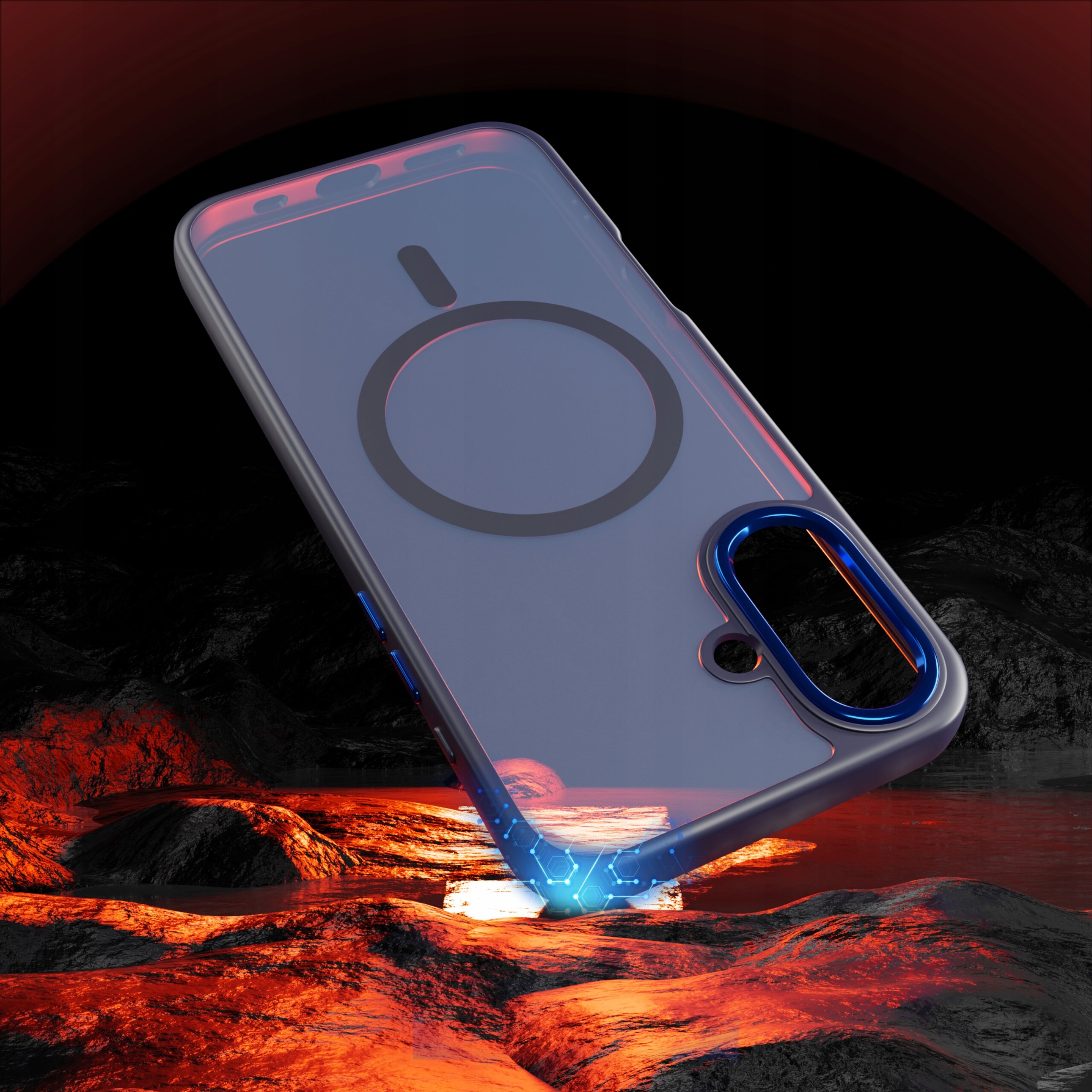 Przezroczyste etui na telefon z widocznym okrągłym wzorem i wycięciem na aparat, unosi się nad powierzchnią przypominającą lawę. Etui ma niebieskie akcenty wokół wycięcia na aparat.