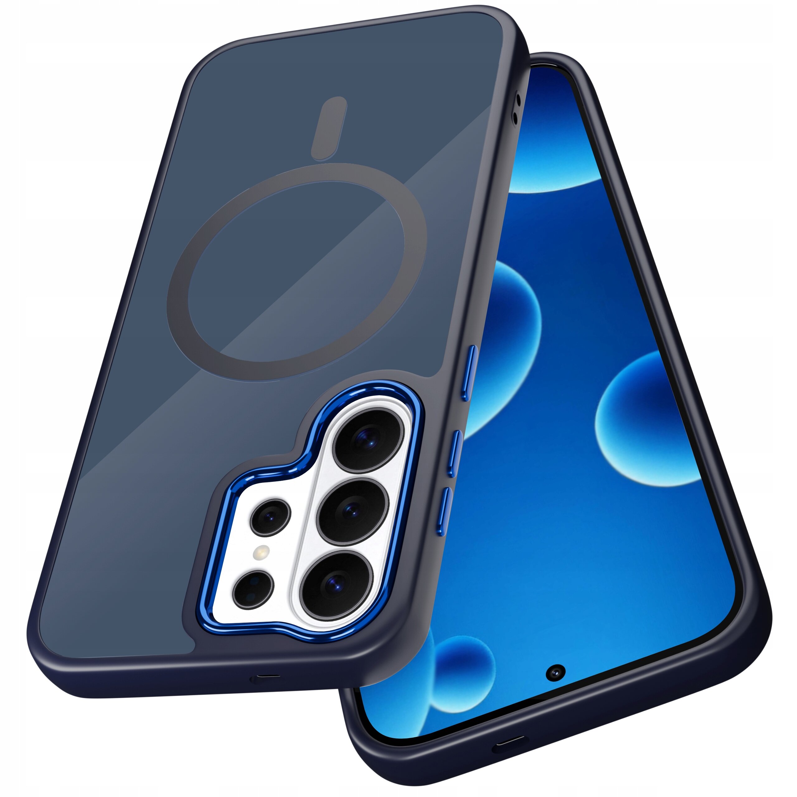 Obraz przedstawia etui na telefon z trzema dużymi otworami na aparaty oraz okrągłym wzorem na tylnej części. Telefon w etui ma wyświetlacz z niebieskim motywem graficznym.