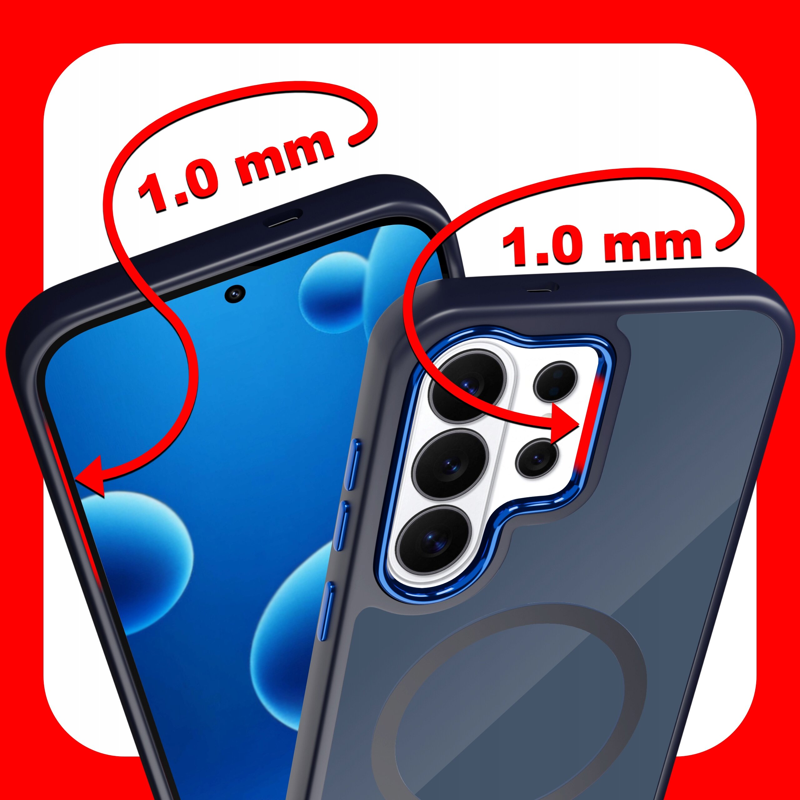 Obraz przedstawia dwa smartfony w etui z widocznymi aparatami fotograficznymi. Na czerwonym tle widnieje tekst \'1.0 mm\' z zaznaczeniem grubości etui.