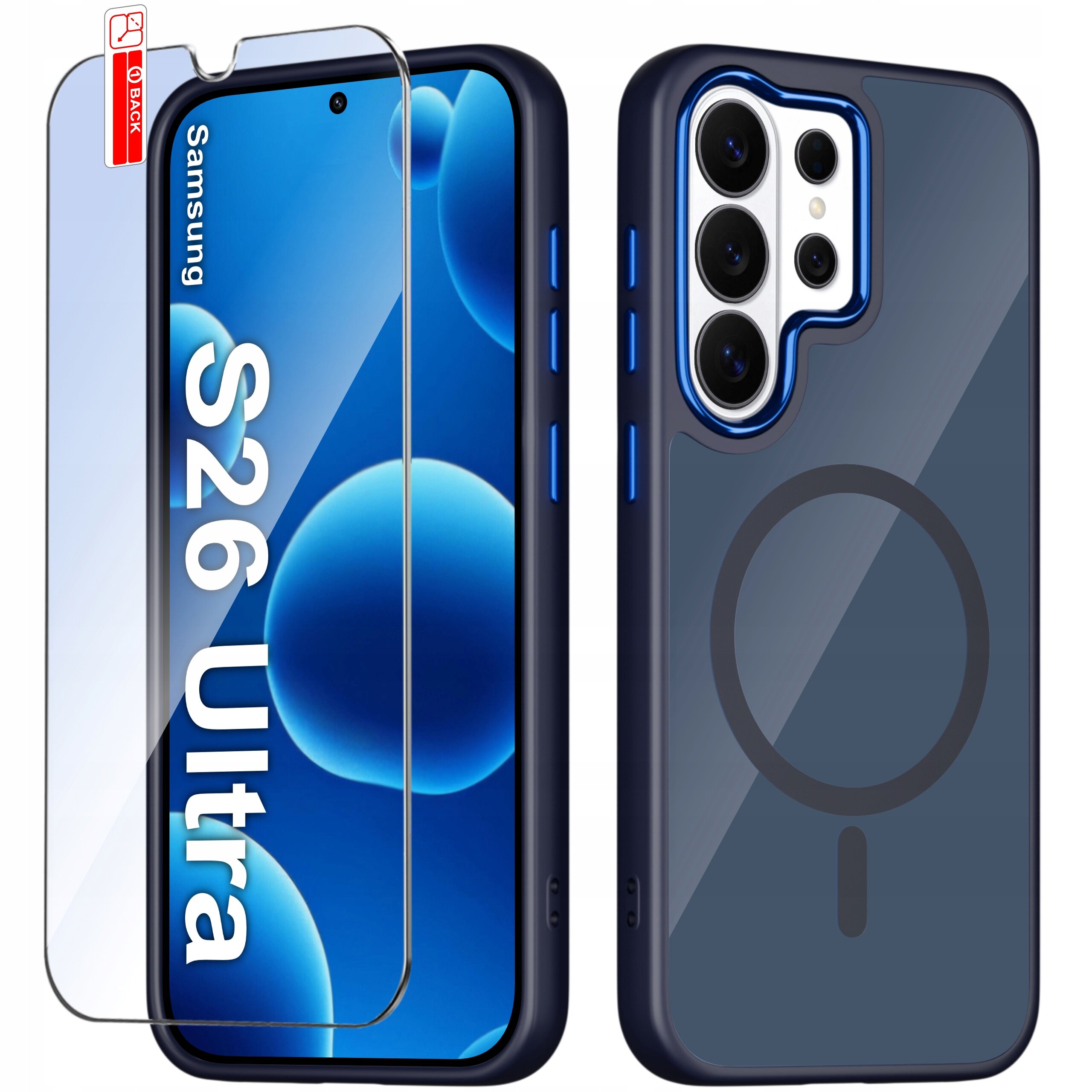Obraz przedstawia etui do telefonu Samsung S26 Ultra z matowym wykończeniem i magnetycznym pierścieniem, obok znajduje się szkło ochronne. Na ekranie telefonu widoczny jest napis \'Samsung S26 Ultra\'.