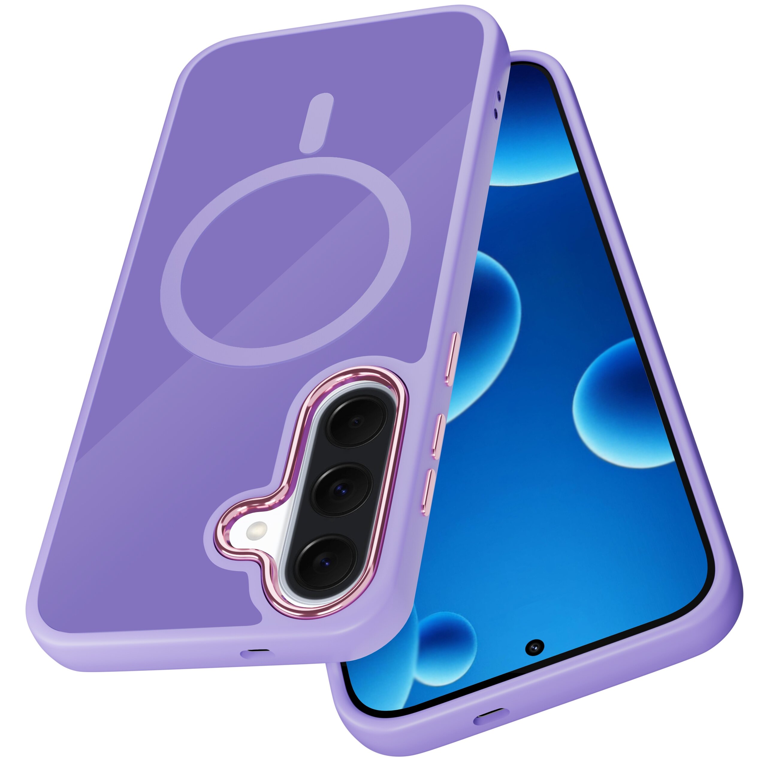 Fioletowe etui na telefon z okrągłym wzorem na tylnej części, obok smartfona z wyświetlaczem pokazującym niebieskie kółka na czarnym tle.