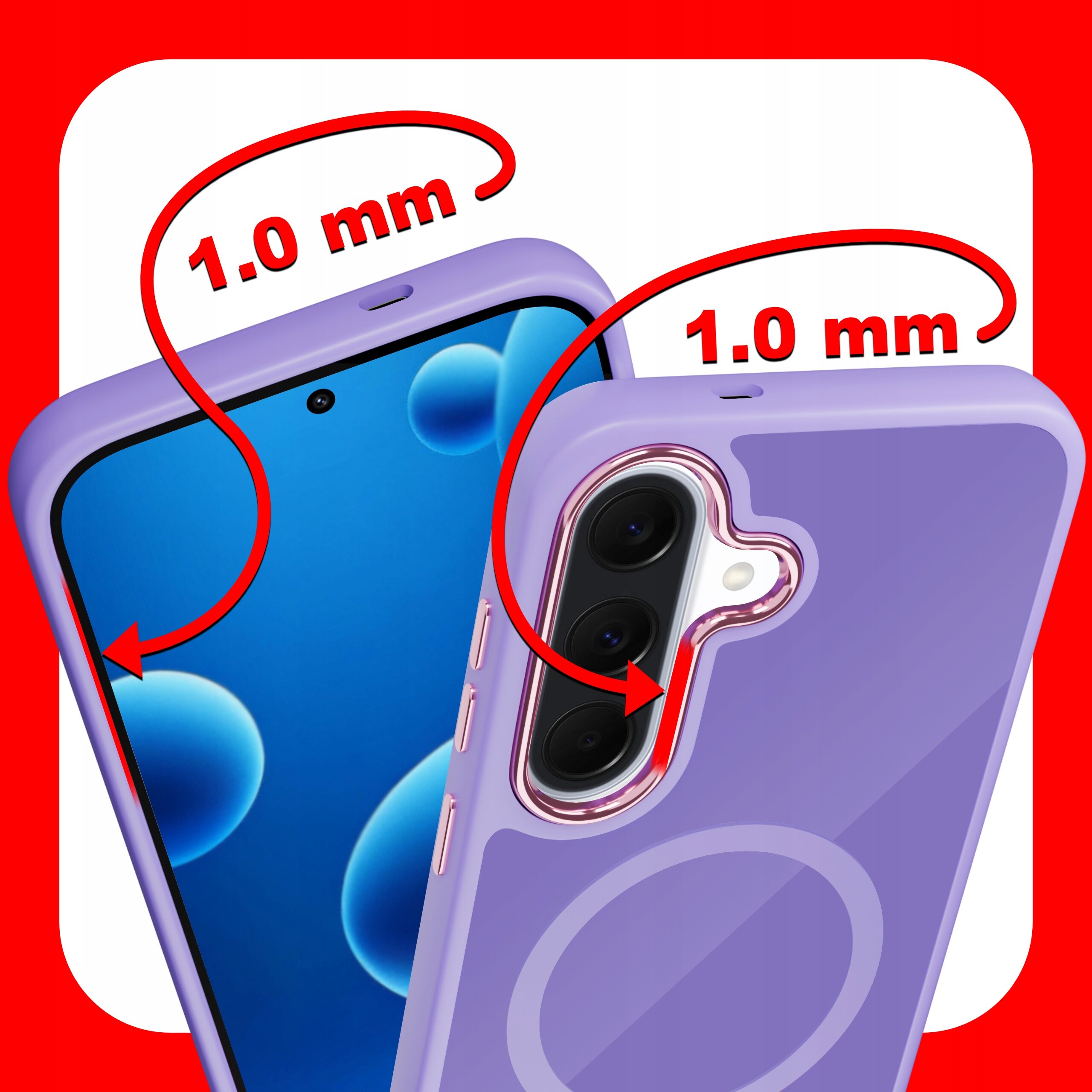 Fioletowe etui na telefon z widocznymi napisami \'1.0 mm\' wskazującymi na grubość krawędzi, na tle czerwono-białego wzoru.