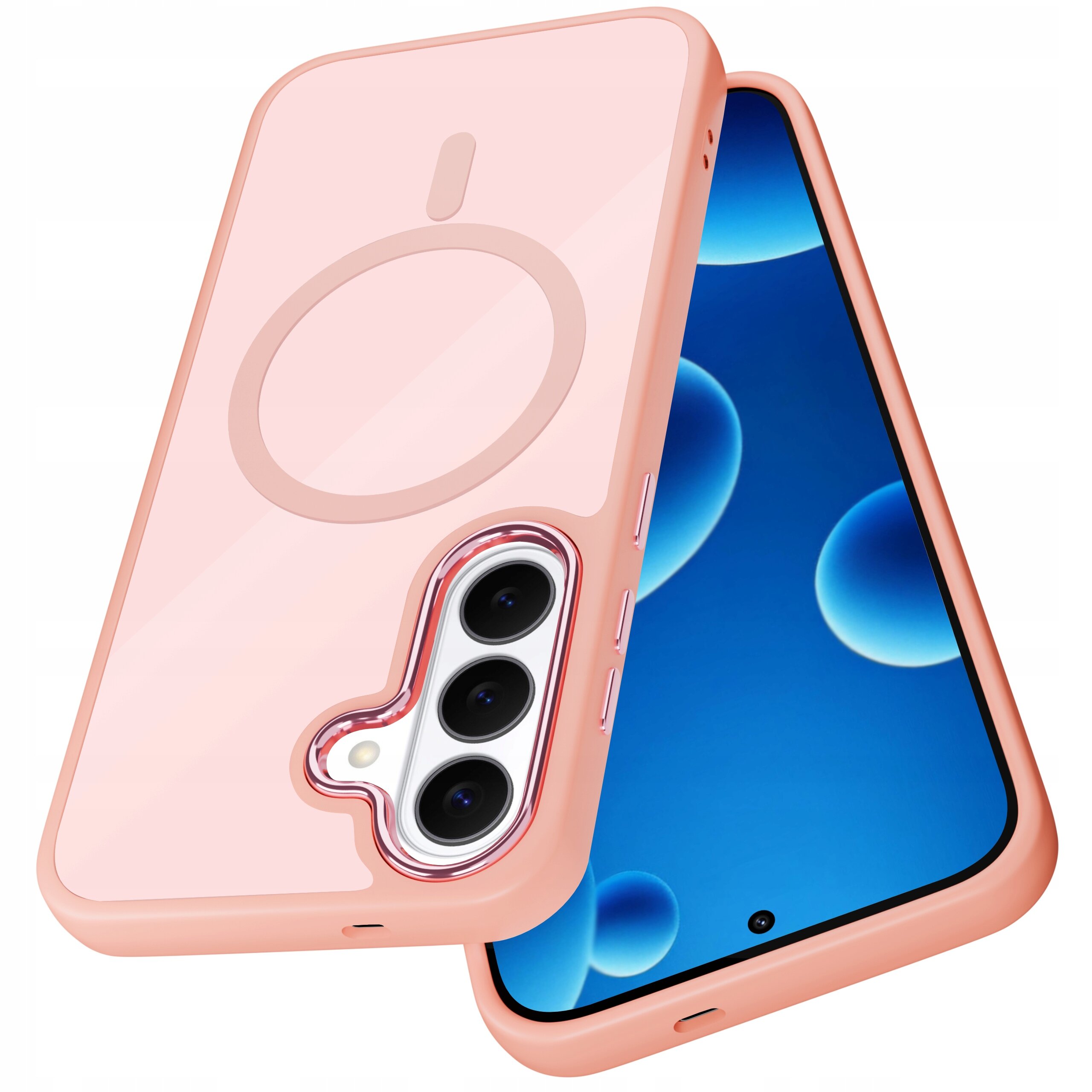 Obraz przedstawia różowe etui na telefon z trzema wycięciami na aparaty i okrągłym wzorem na tylnej części. Obok etui widoczny jest telefon z niebieskim ekranem i czarnym otworem na kamerę przednią.