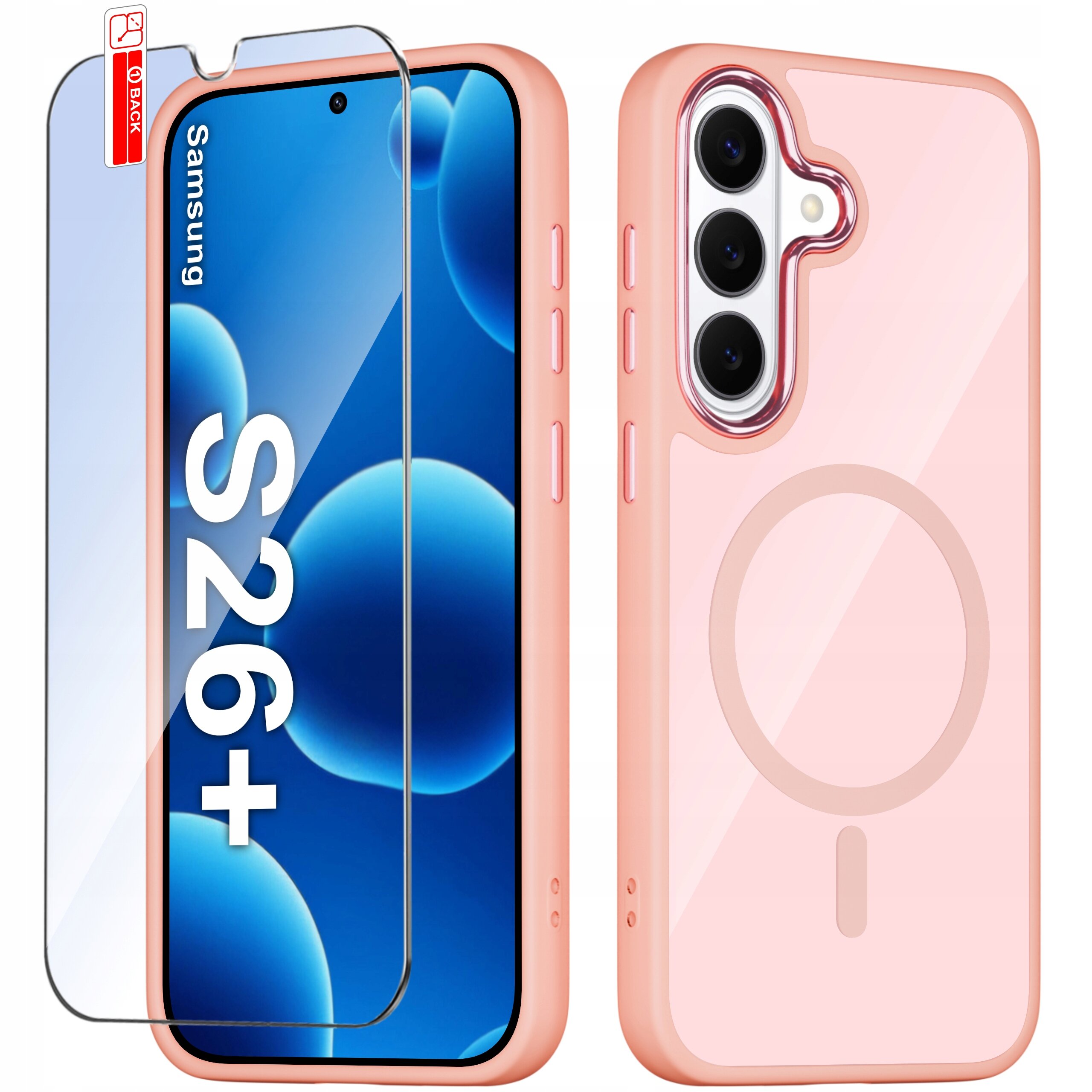 Obraz przedstawia różowe etui na telefon z trzema otworami na aparat oraz przezroczystą osłonę ekranu z napisem \'Samsung S26+\'.