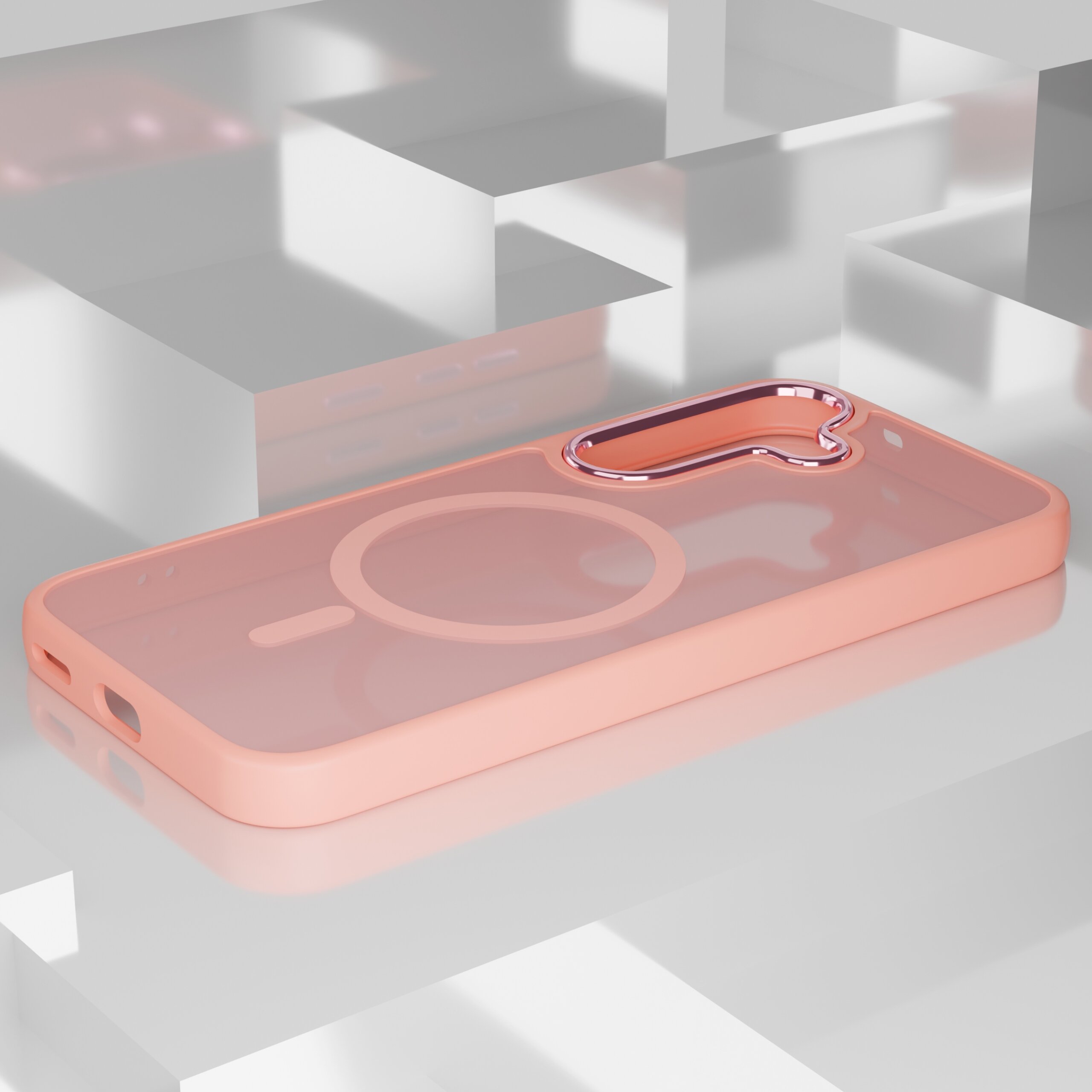 Różowe etui na telefon z okrągłym wzorem na środku i wycięciem na aparat z metalicznym obramowaniem. Etui leży na błyszczącej, geometrycznej powierzchni.