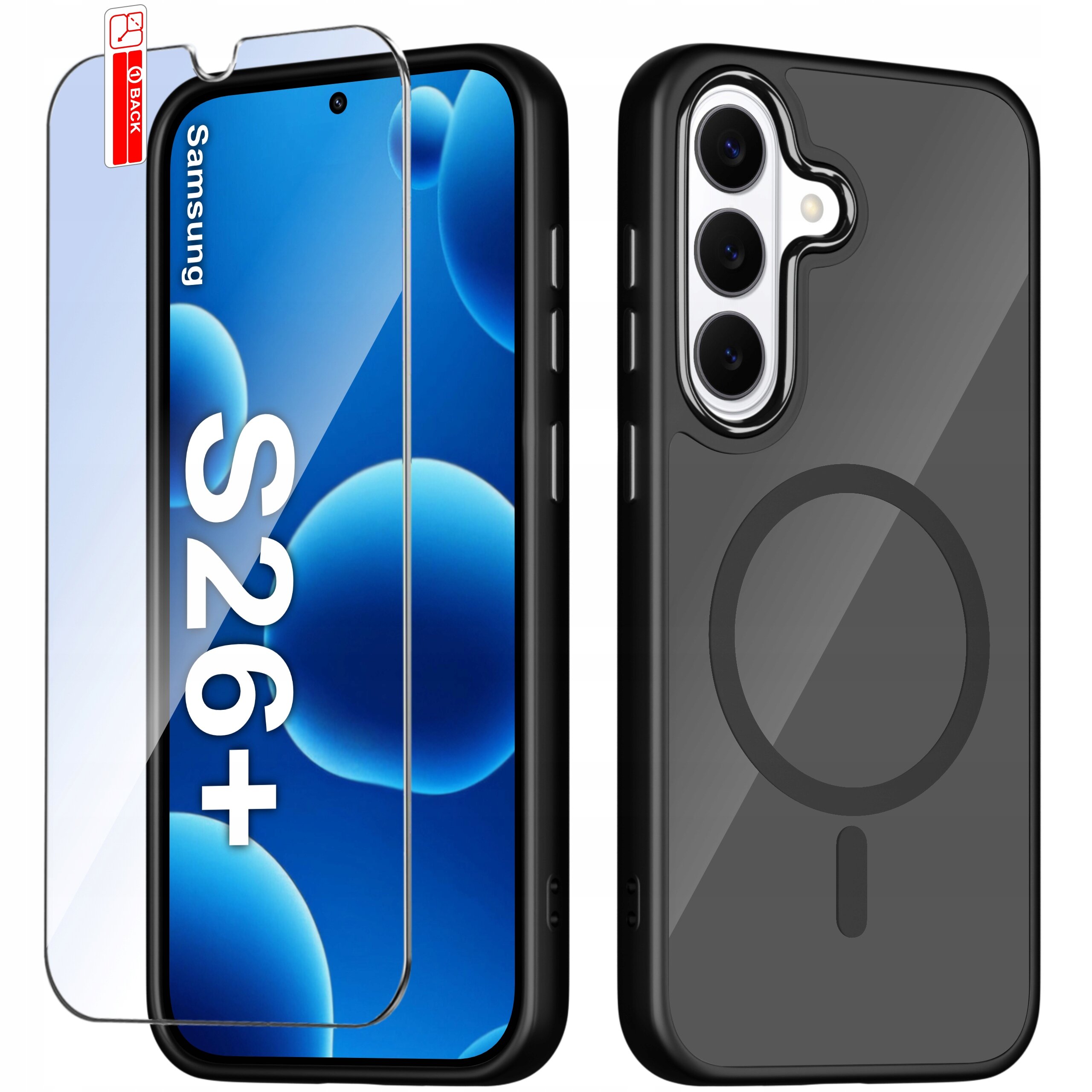 Obraz przedstawia etui na telefon z trzema aparatami oraz szkło ochronne z napisem \'Samsung S26+\'. Etui ma matowe wykończenie i widoczny okrągły wzór na tylnej części.