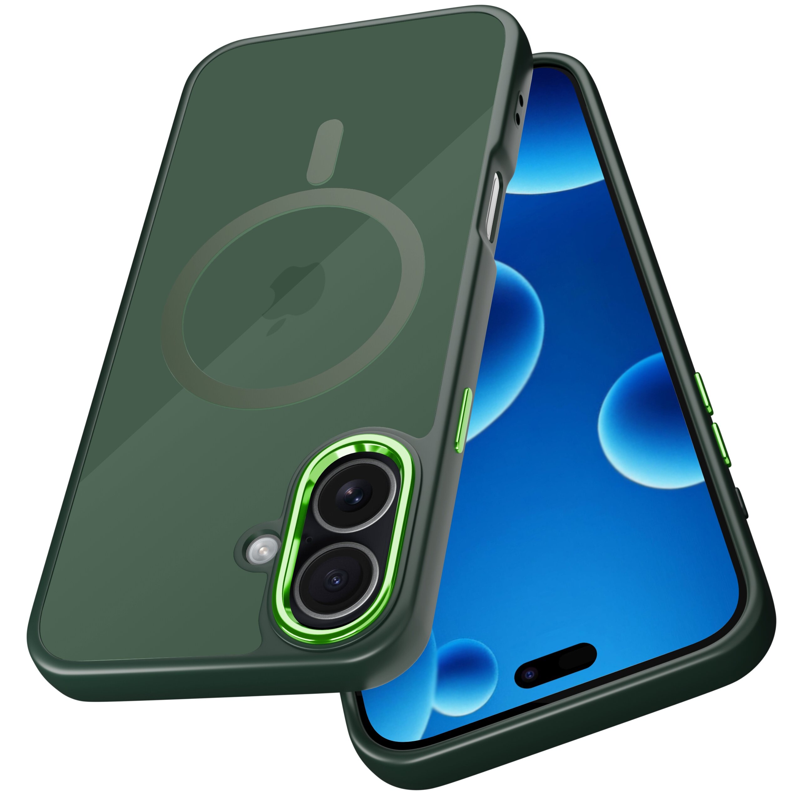 Zielone etui na telefon z widocznym okrągłym wzorem i wycięciem na aparat z dwoma obiektywami. Na ekranie telefonu widoczne są niebieskie okręgi na ciemnym tle.