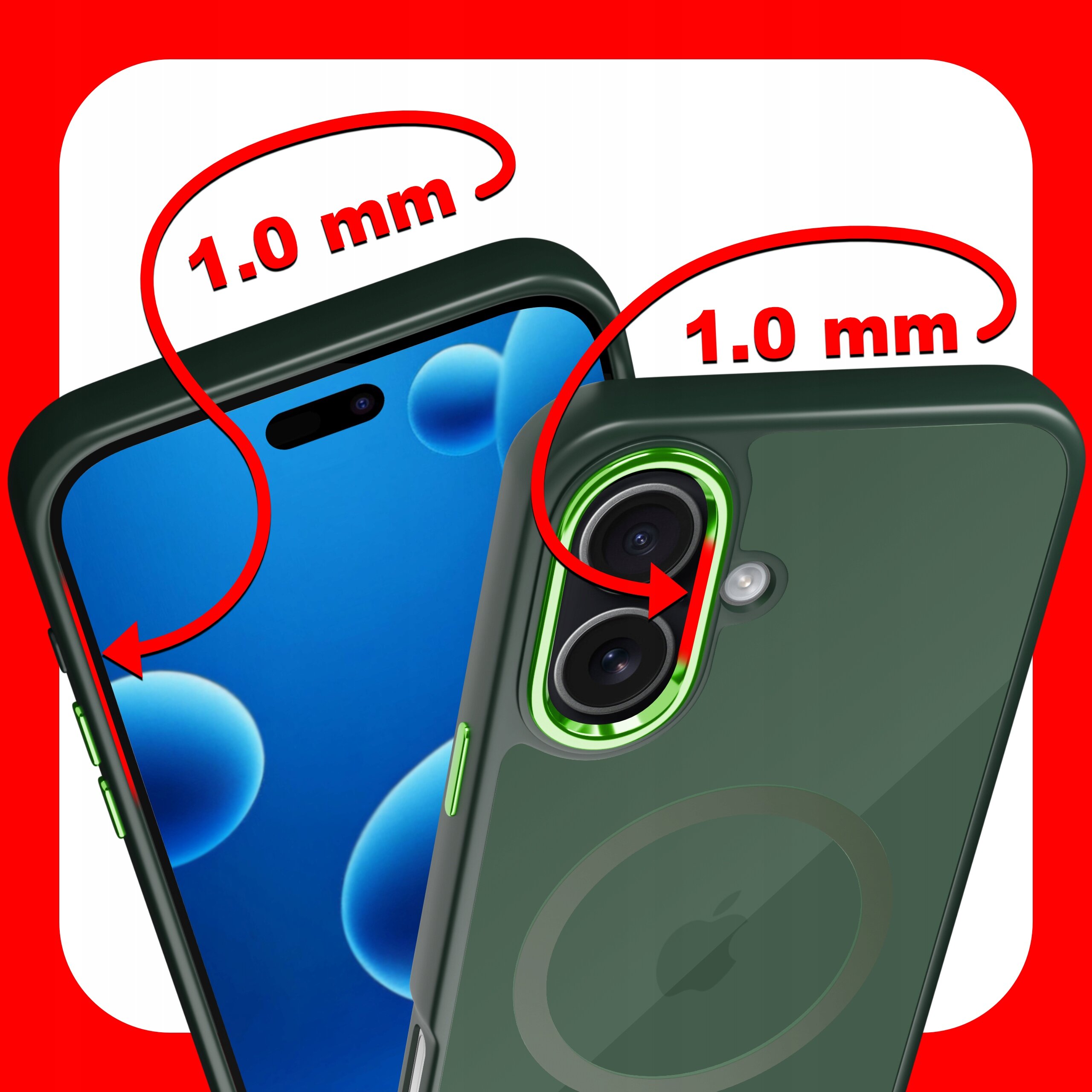 Obraz przedstawia zielone etui na telefon z widocznymi aparatami i oznaczeniem grubości 1.0 mm. Tło jest czerwone, a na ekranie telefonu widoczne są niebieskie bąbelki.
