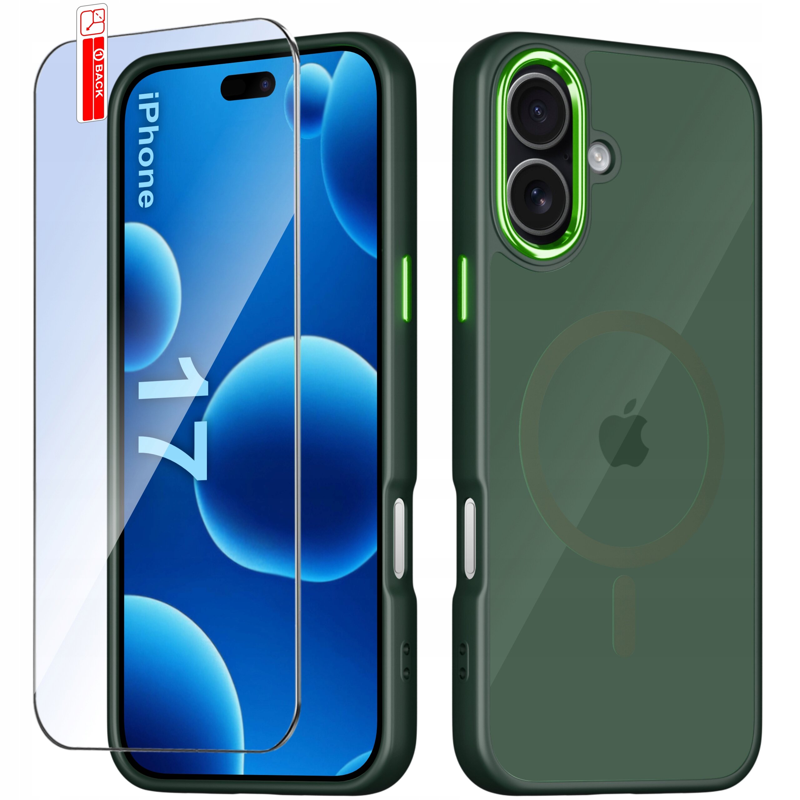 Obraz przedstawia zielone etui do iPhone 17 z matowym wykończeniem i magnetycznym pierścieniem, obok którego znajduje się szkło ochronne 9H. Na ekranie telefonu widoczny jest napis \'iPhone 17\'.