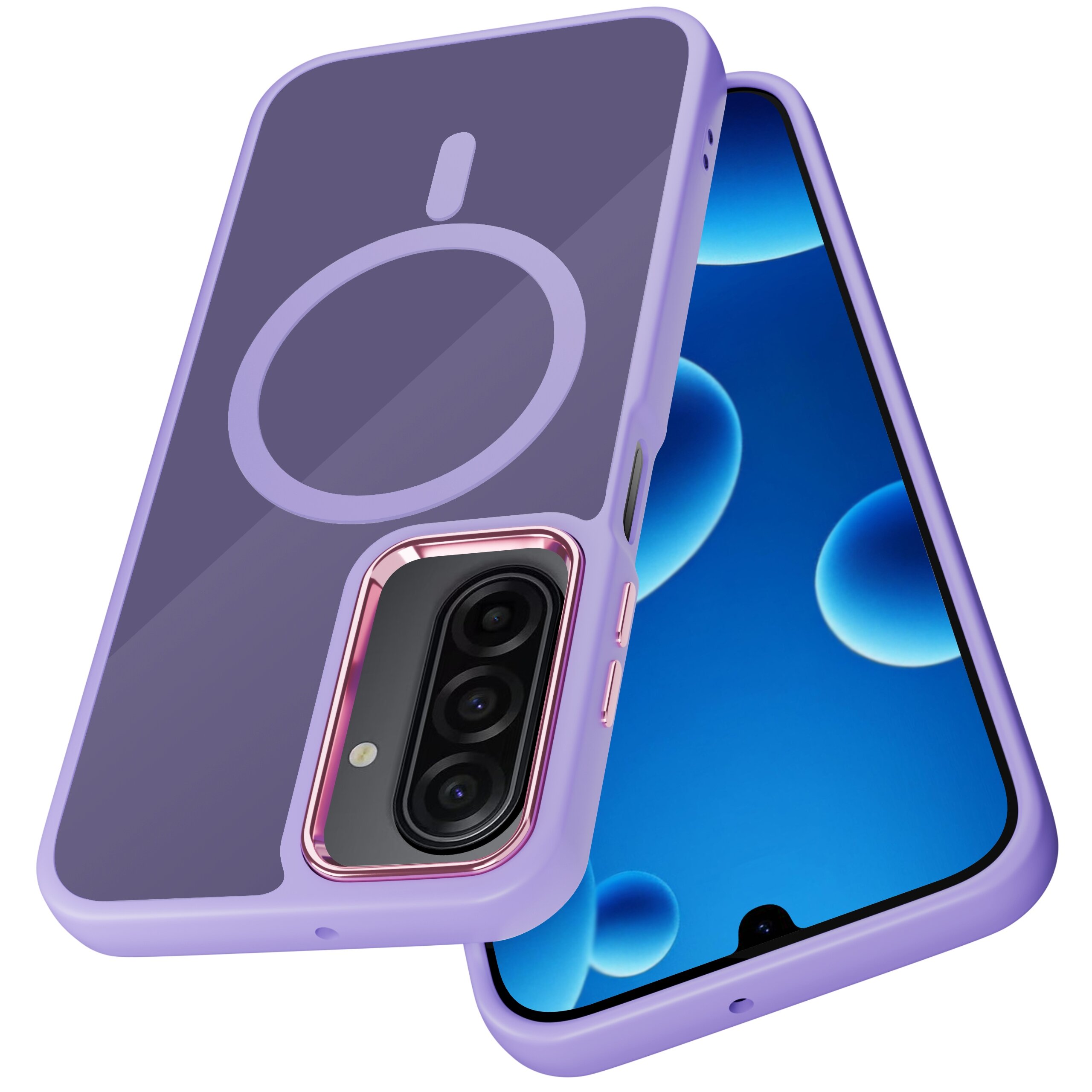 Fioletowe etui na telefon z okrągłym wzorem na tylnej części, obok telefonu z wyświetlaczem pokazującym niebieskie bąbelki.