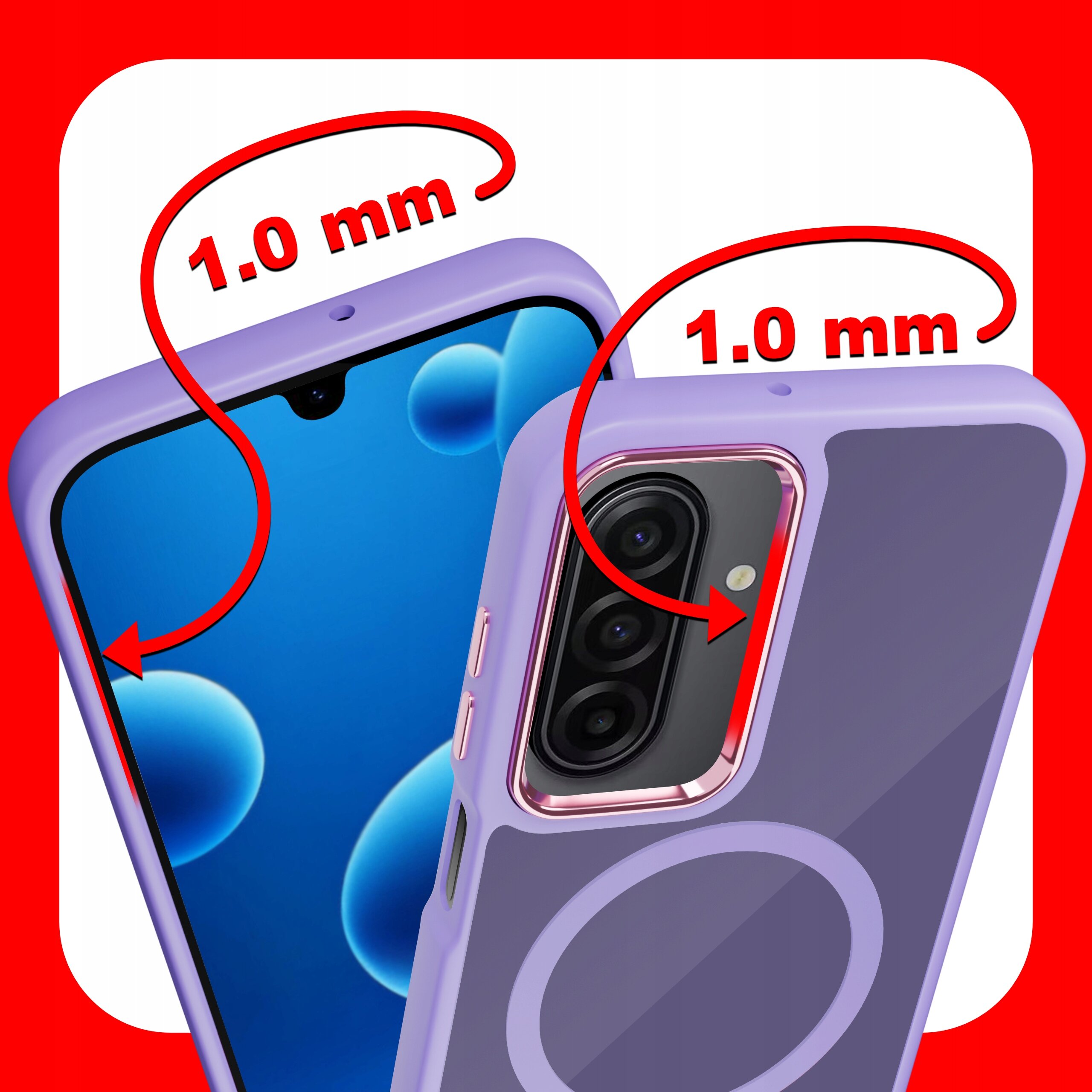 Obraz przedstawia fioletowe etui na telefon z widocznymi wycięciami na aparat i ekran. Na etui znajdują się oznaczenia \'1.0 mm\' wskazujące na grubość krawędzi.